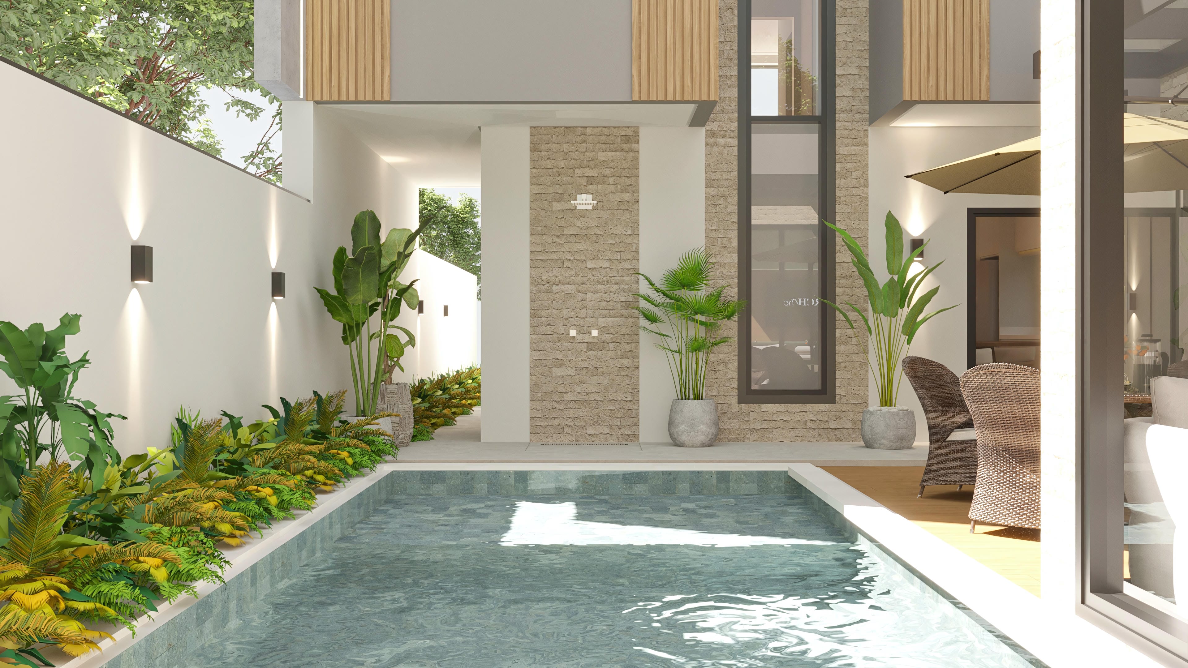 Projeto de sobrado com fachada moderna, combinando texturas de pedra e madeira, com uma área de lazer que inclui piscina e área gourmet.