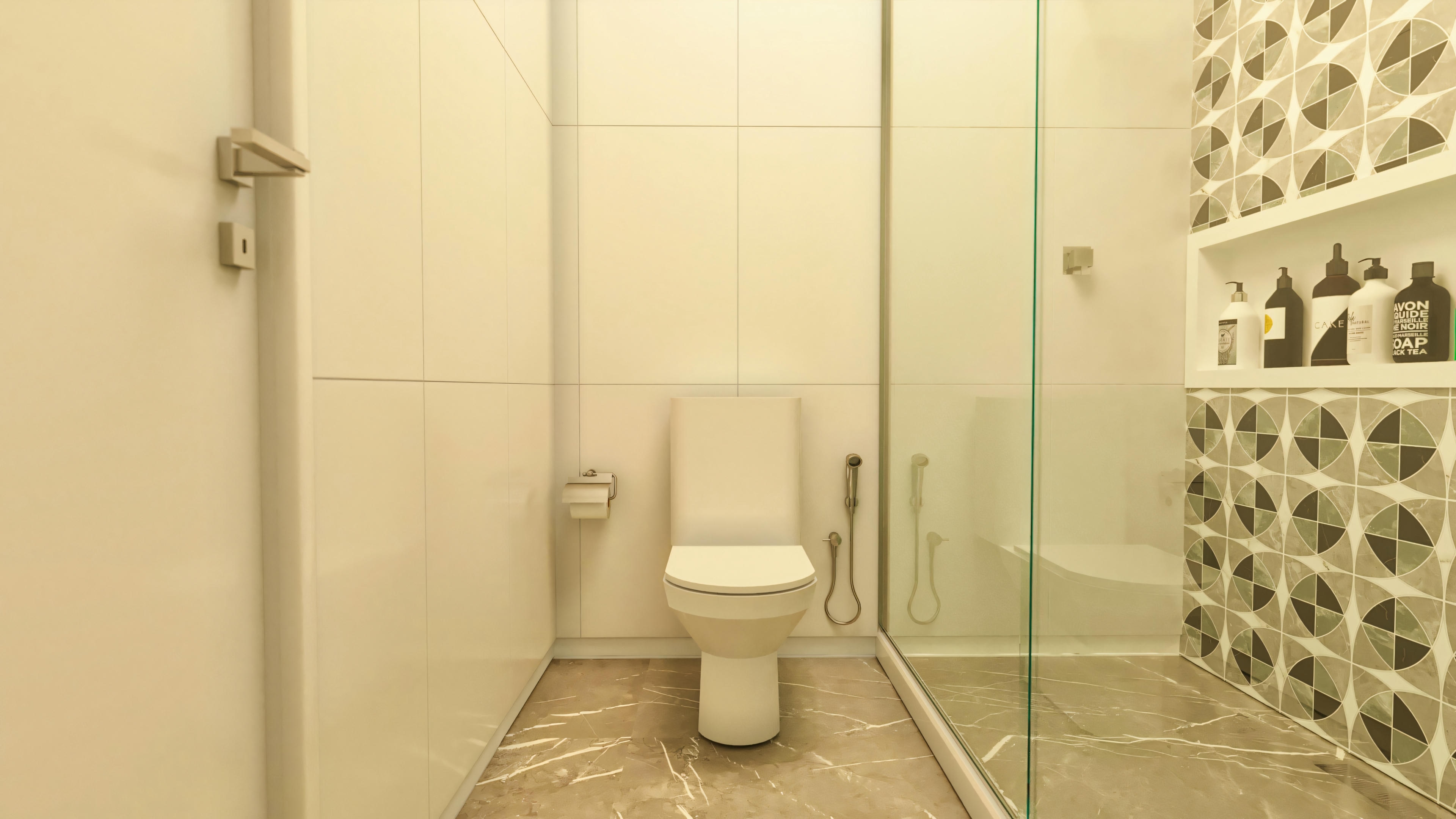 Shower and toilet area of a bathroom with glass enclosure, built-in niche with geometric tiling, and marble flooring. This environment belongs to a 4-suite pool and gourmet area house project, totaling 394.84sqm on a 20x25 lot.