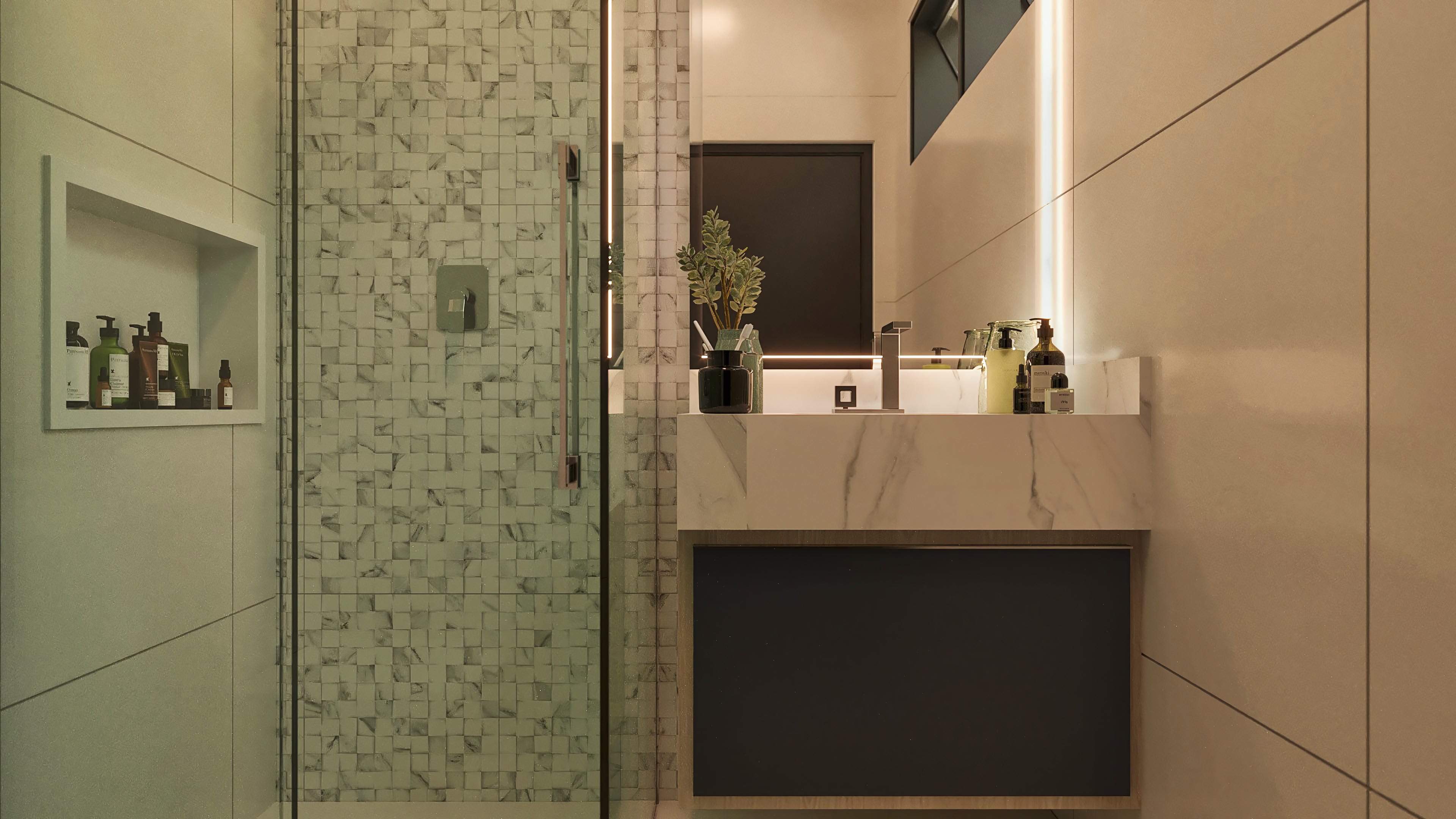 Detalle de baño moderno con nicho iluminado en la pared, revestimiento texturizado en mosaico en el área de la ducha y encimera en mármol con lavabo esculpido y grifo de diseño.