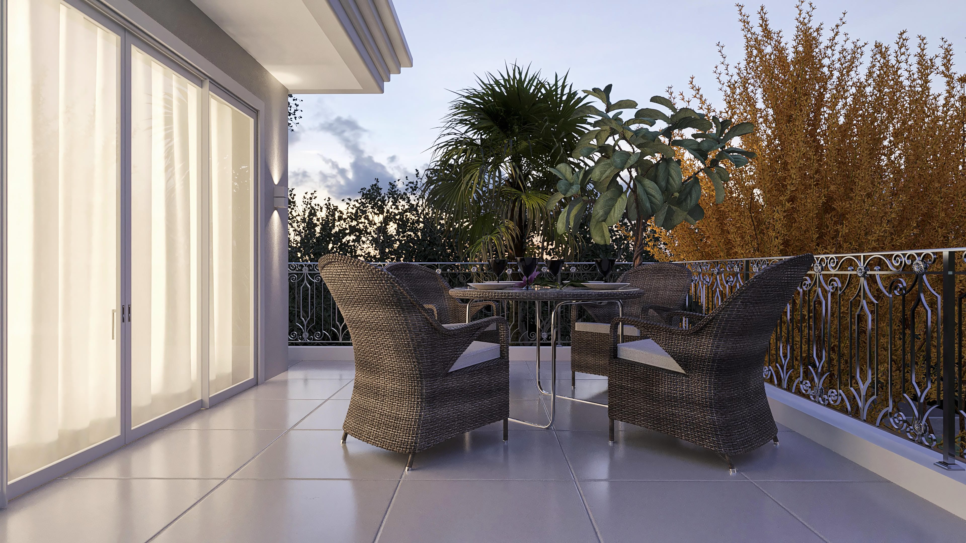 Balcony of a neoclassical two-story house with porcelain floor, balcony with ornamented railing, and dining table with woven fiber chairs.