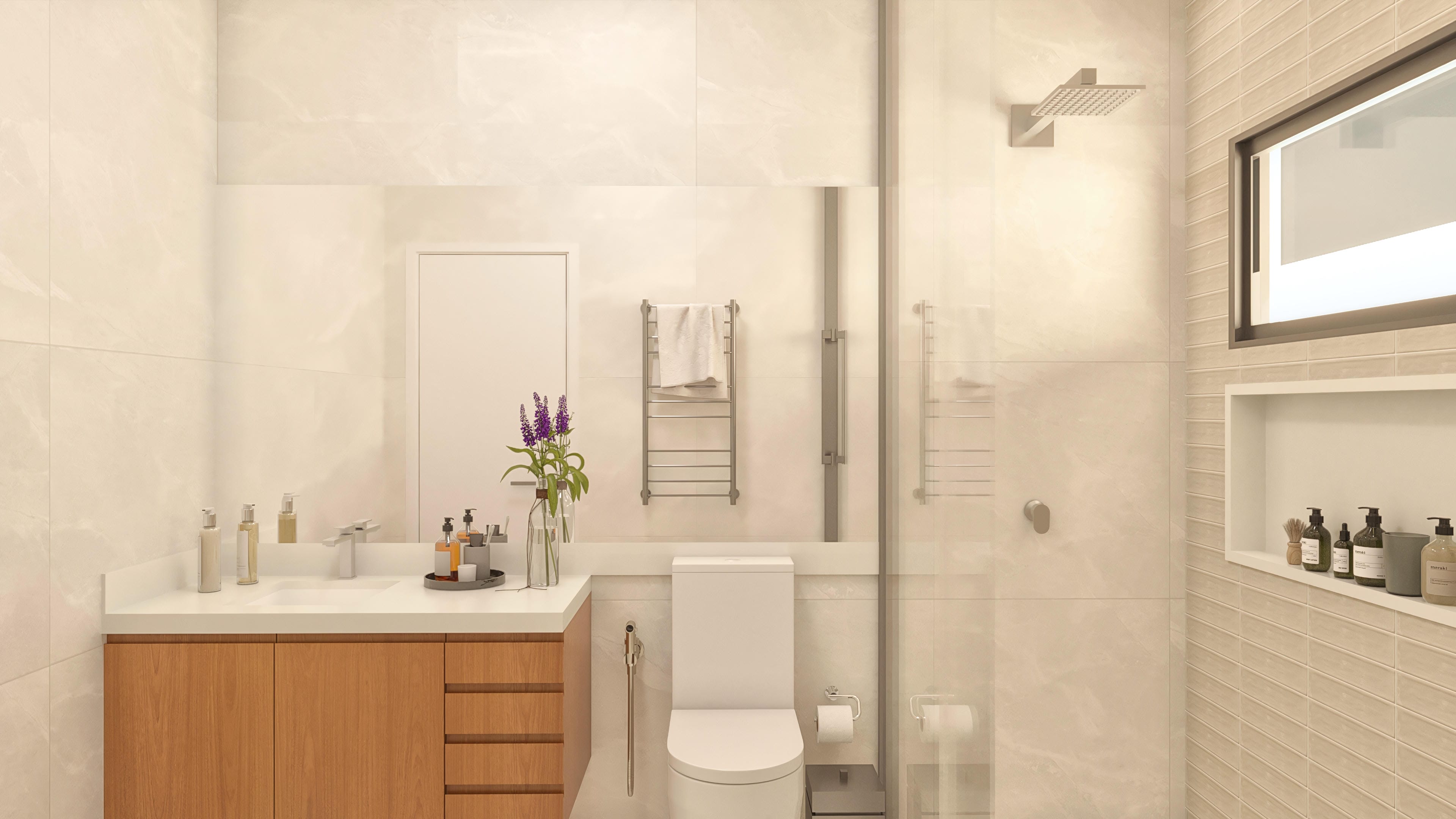 Modern bathroom with a wooden countertop, integrated sink, and large mirror. Shower stall and textured tiles on the walls.