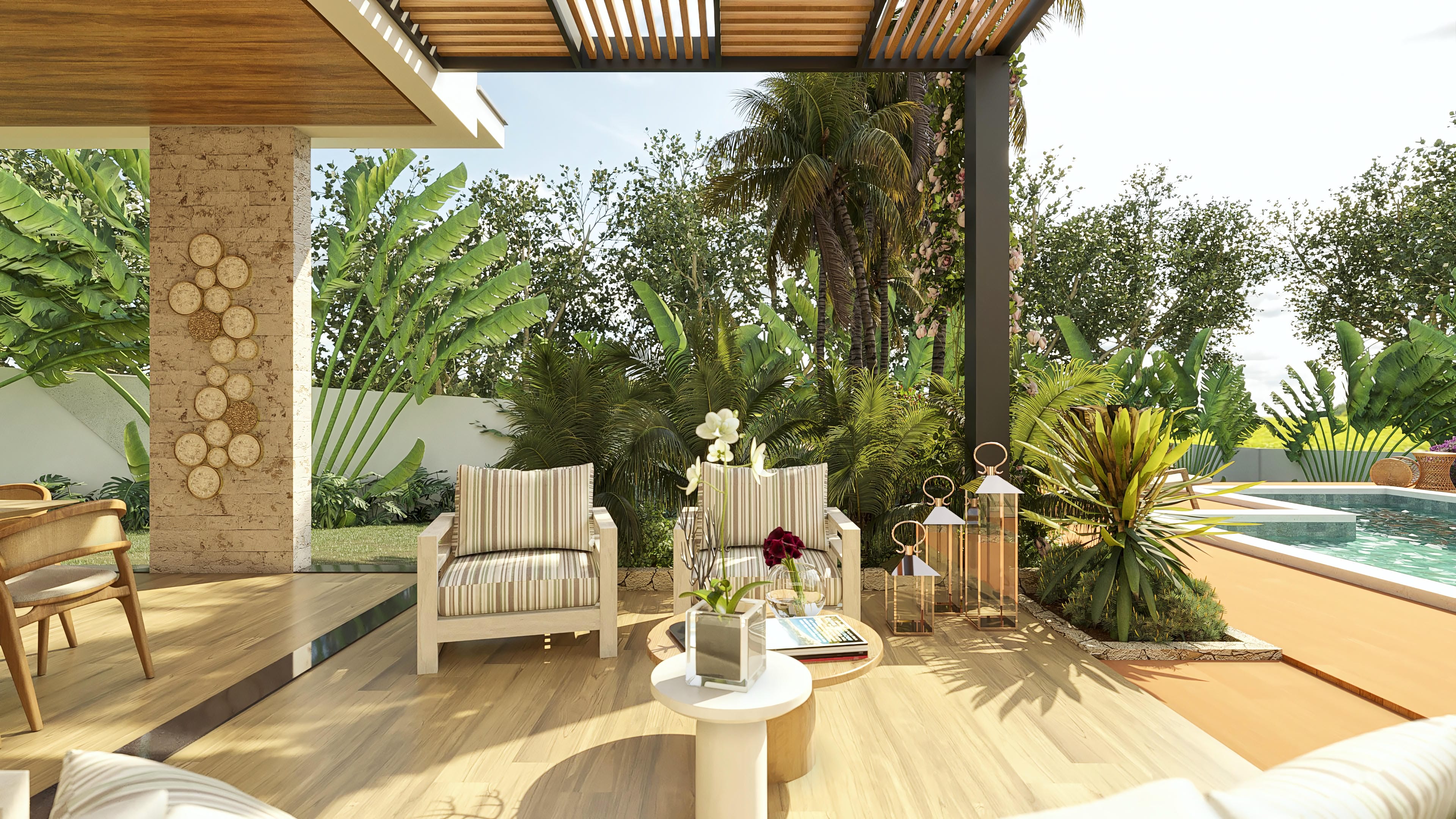 Leisure area of a modern single-story house, with pool, wooden deck, and gourmet space covered by a pergola.