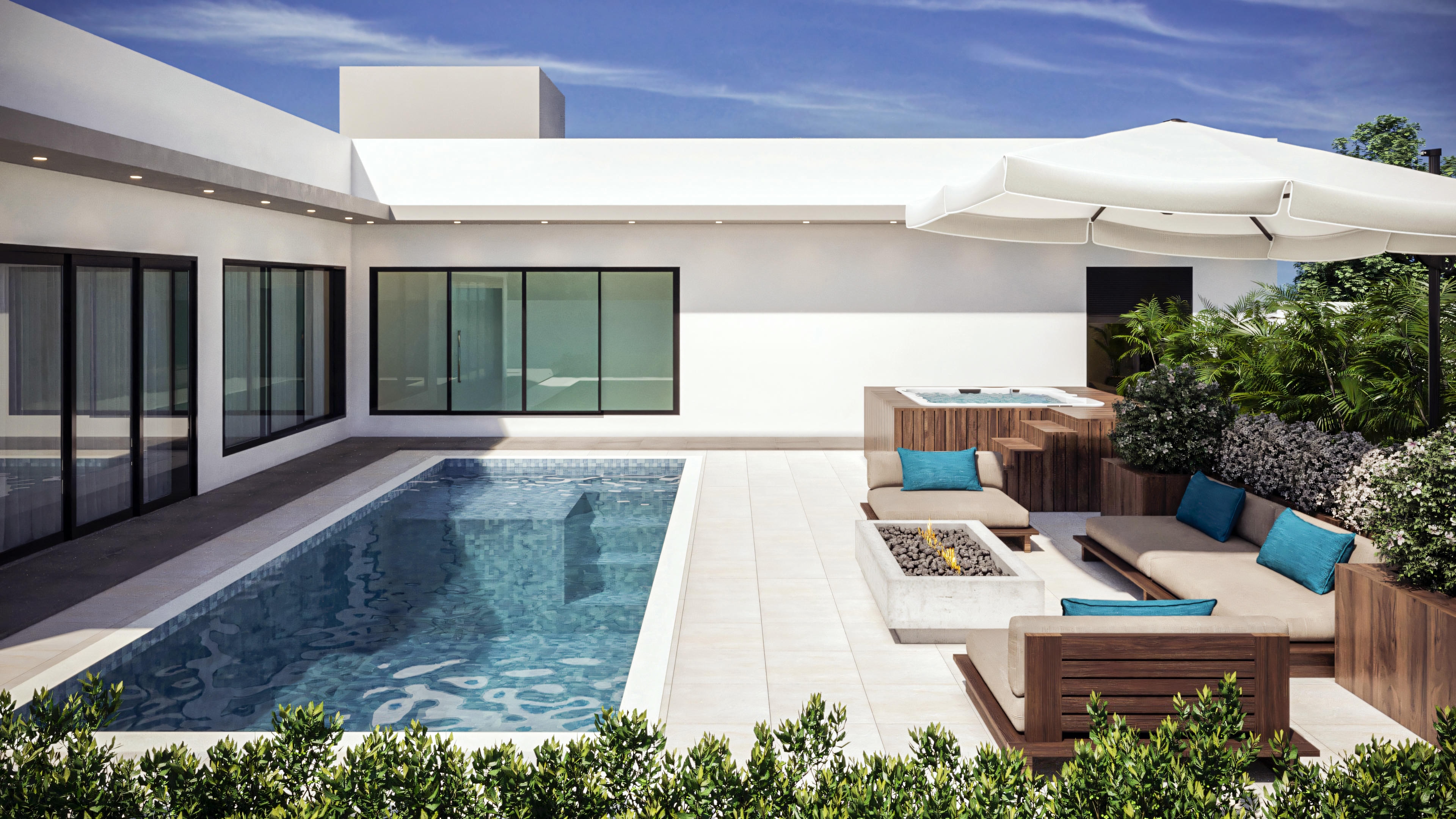 Leisure area of a modern single-story house with a pool, deck, elevated jacuzzi, lounge space with an outdoor fireplace and umbrella, next to the 3-suite house with a gourmet area.
