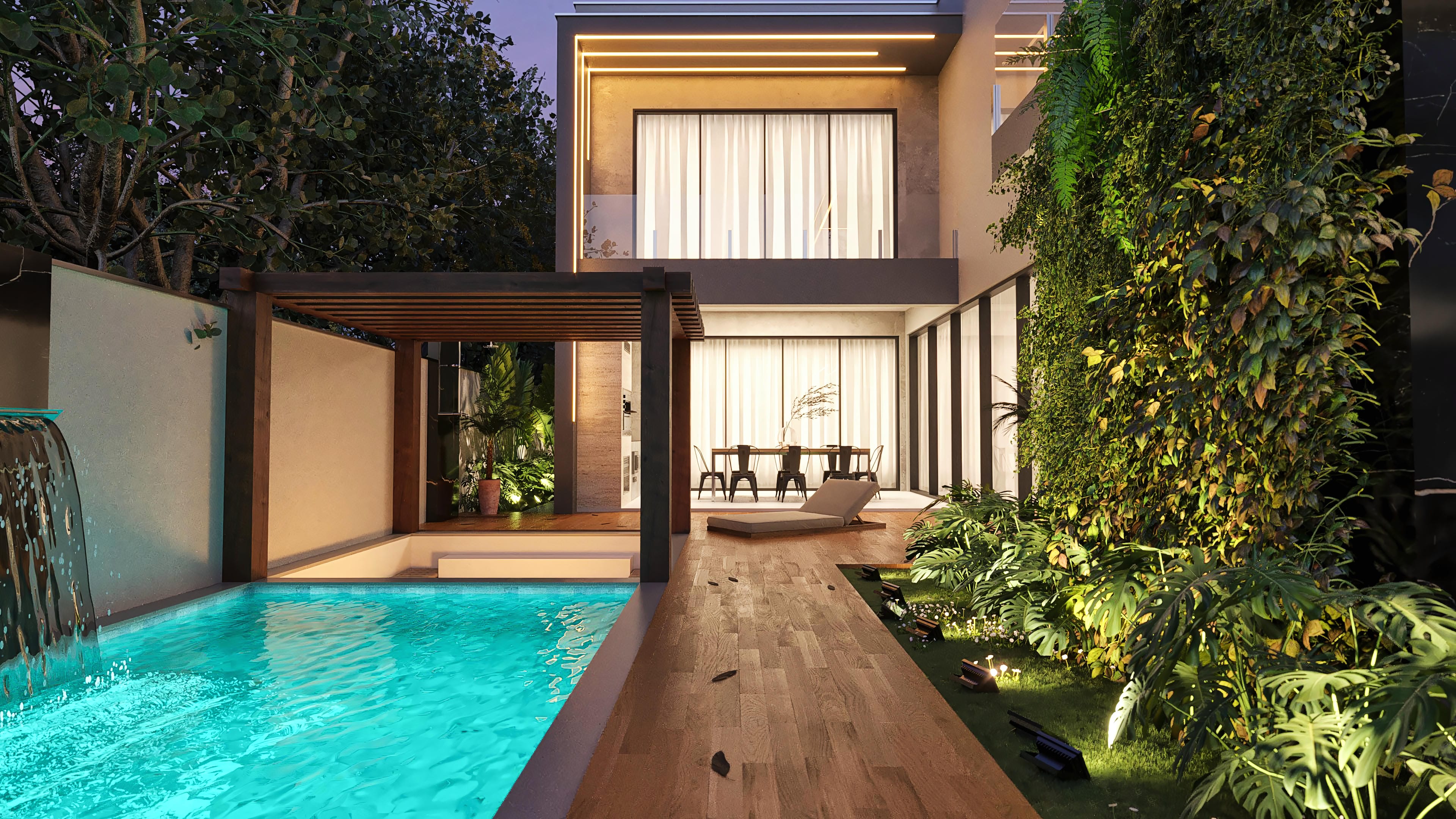 External view of a modern two-story house with pool, gourmet area, and facade with lighting details. Includes lush landscaping and contemporary materials.