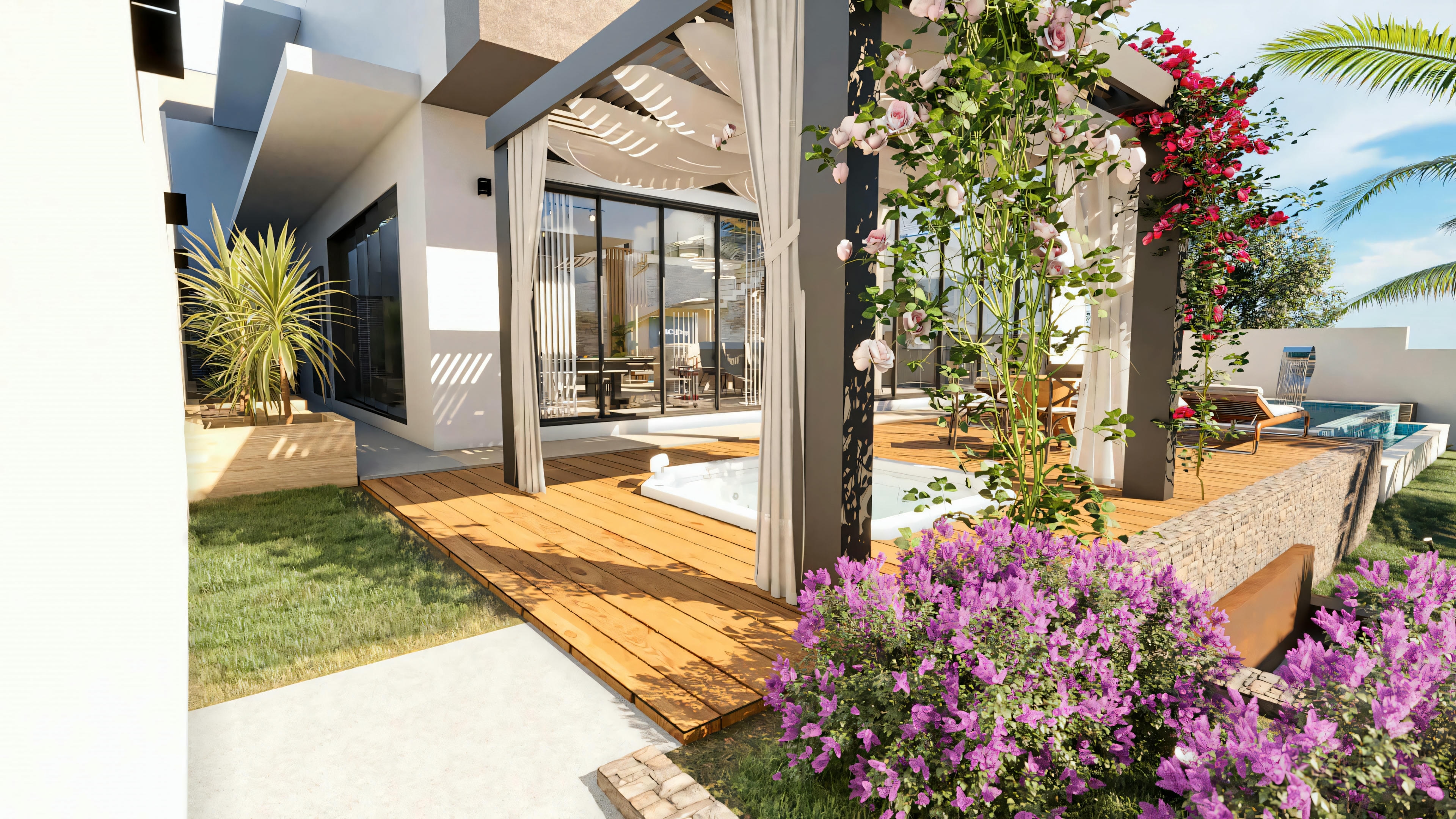 Vista de la pérgola en el área de ocio del proyecto listo de 5 suites, con cobertura retráctil, spa/jacuzzi integrado al deck de madera, jardín florido y acceso al área interna de la casa.