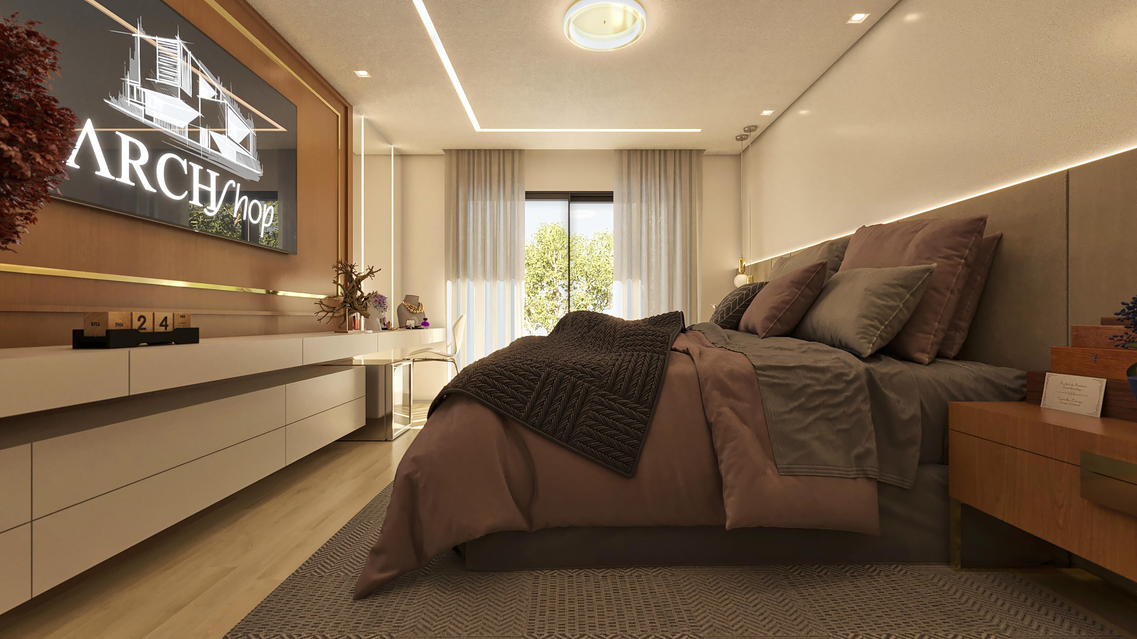 Interior de quarto sofisticado com cama de casal, decoração em tons terrosos, iluminação embutida e um espelho com logo arquitetônico.