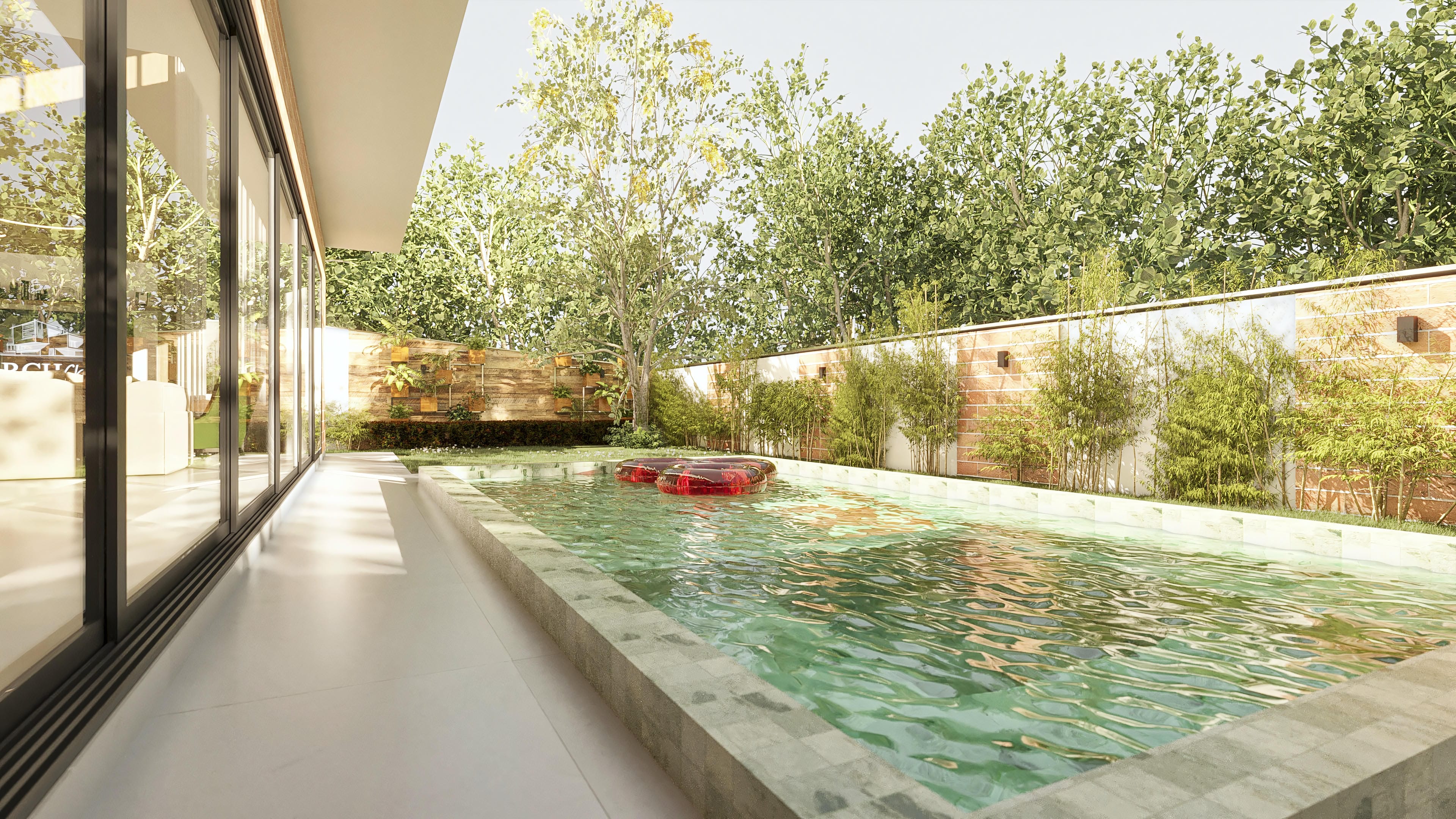 Vista externa de sobrado moderno com piscina, área gourmet e amplas janelas de vidro, integrando o interior com o paisagismo exuberante.