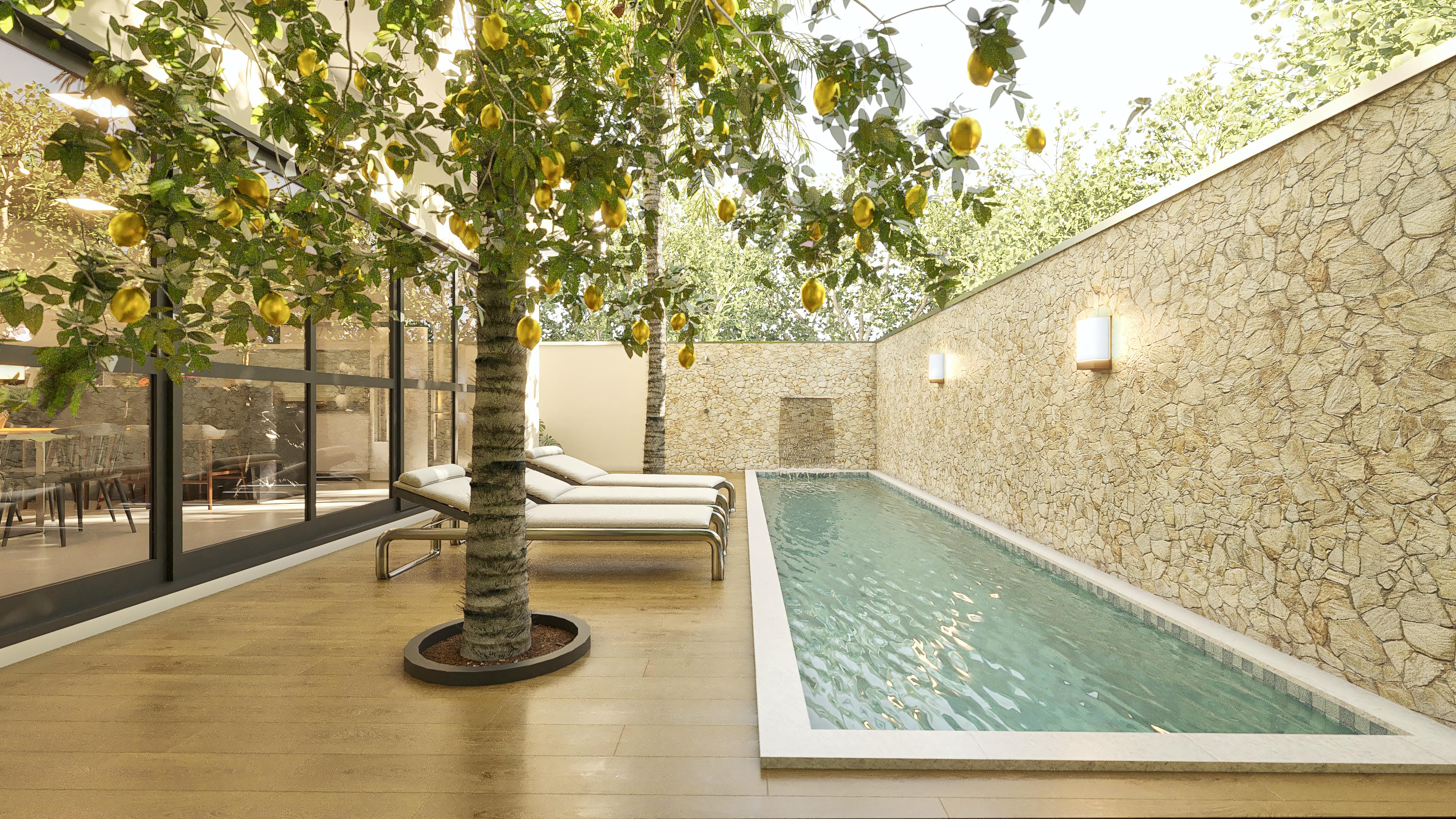 Leisure area with pool and wooden deck, surrounded by rustic stone wall and fruit trees.