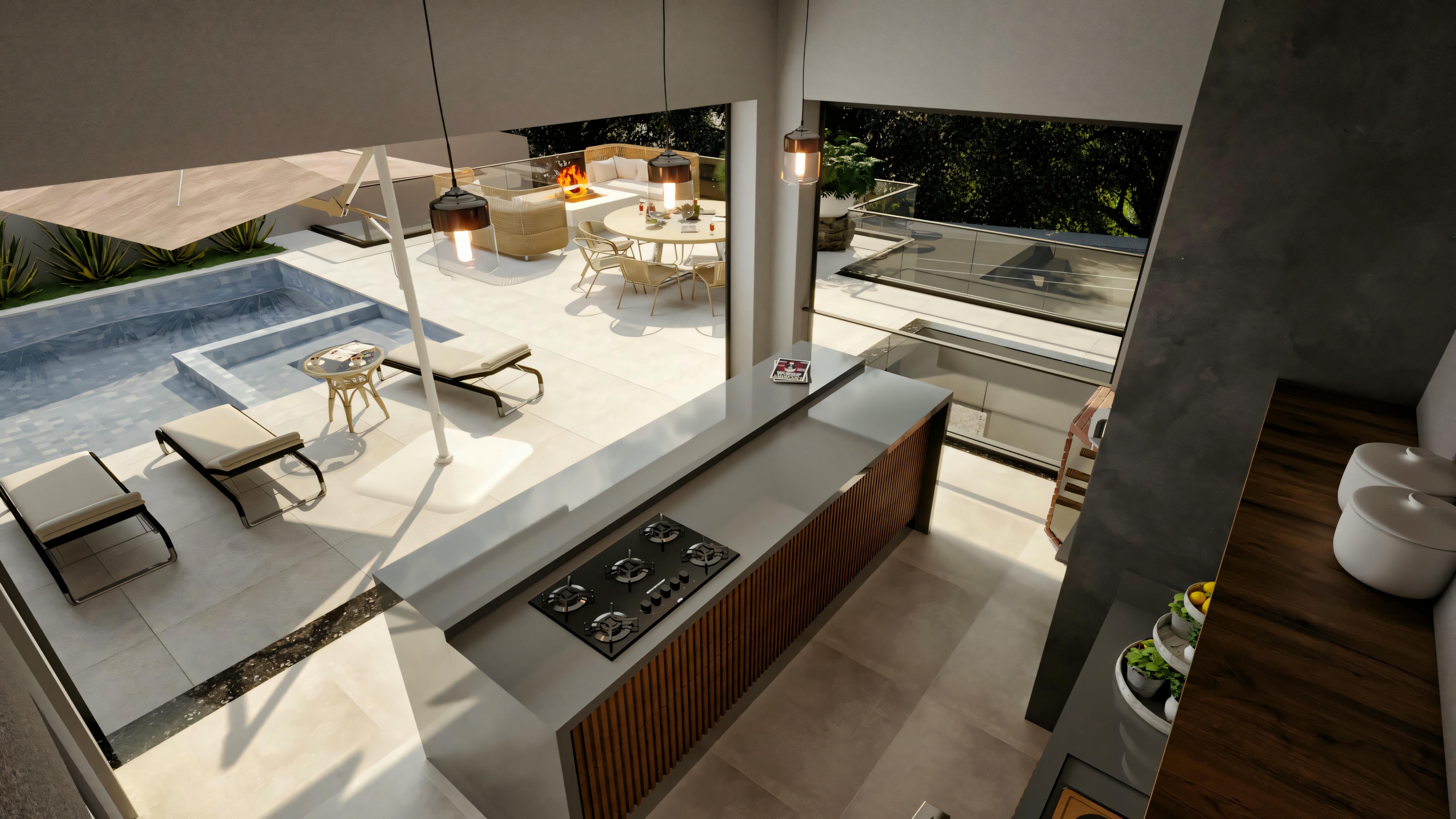 Vista superior del espacio gourmet, mostrando la barra con vitrocerámica y la integración total con el área de ocio exterior que incluye piscina, solárium, lounge con hoguera y espacio de comedor. Proyecto de casa moderna con 4 suites (316.98m²).