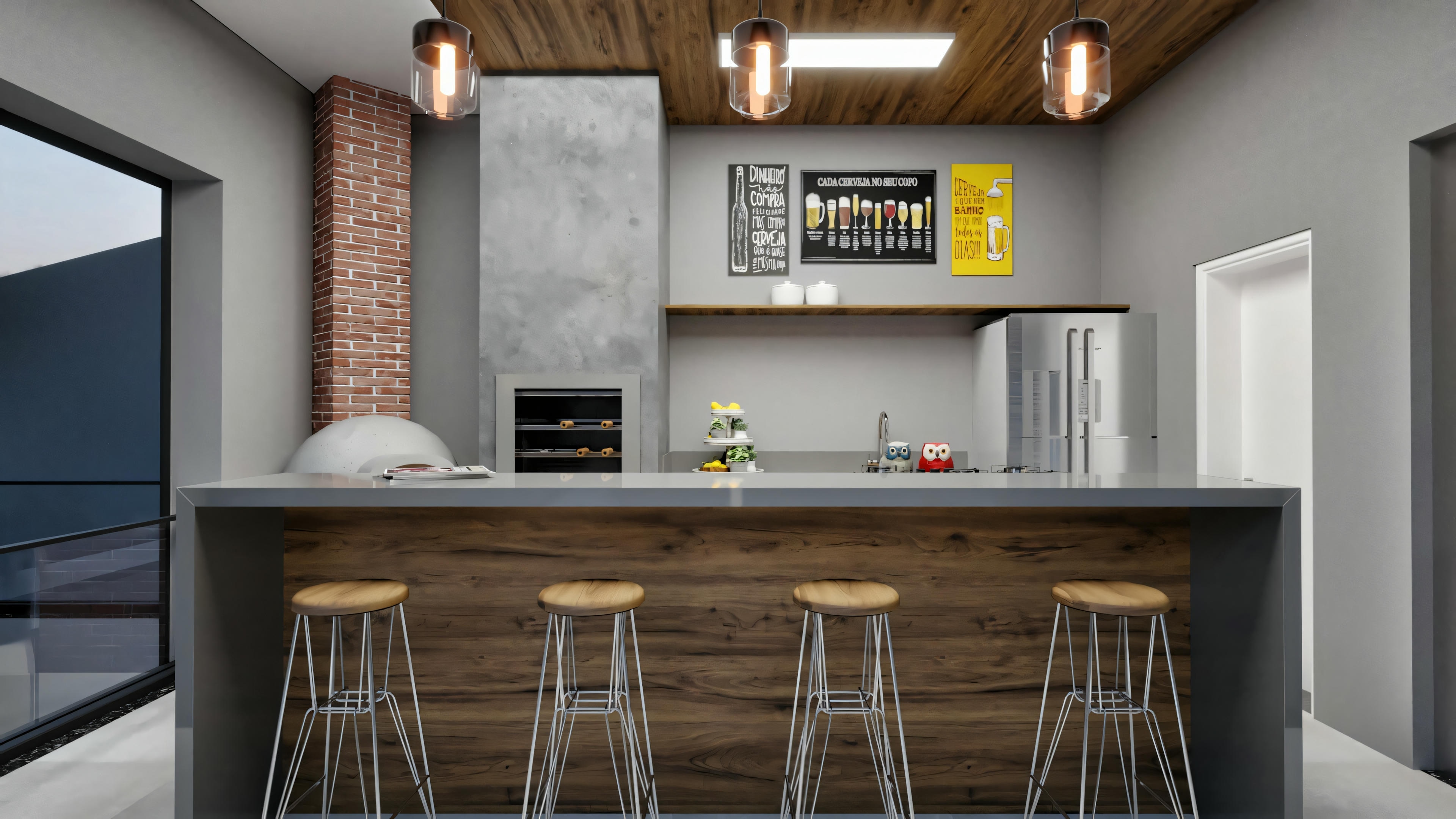 Vista frontal del área gourmet completa en casa moderna de 4 suites (316.98m²), equipada con encimera, banquetas, barbacoa, horno de pizza, fregadero, nevera y armarios, con techo revestido en madera.