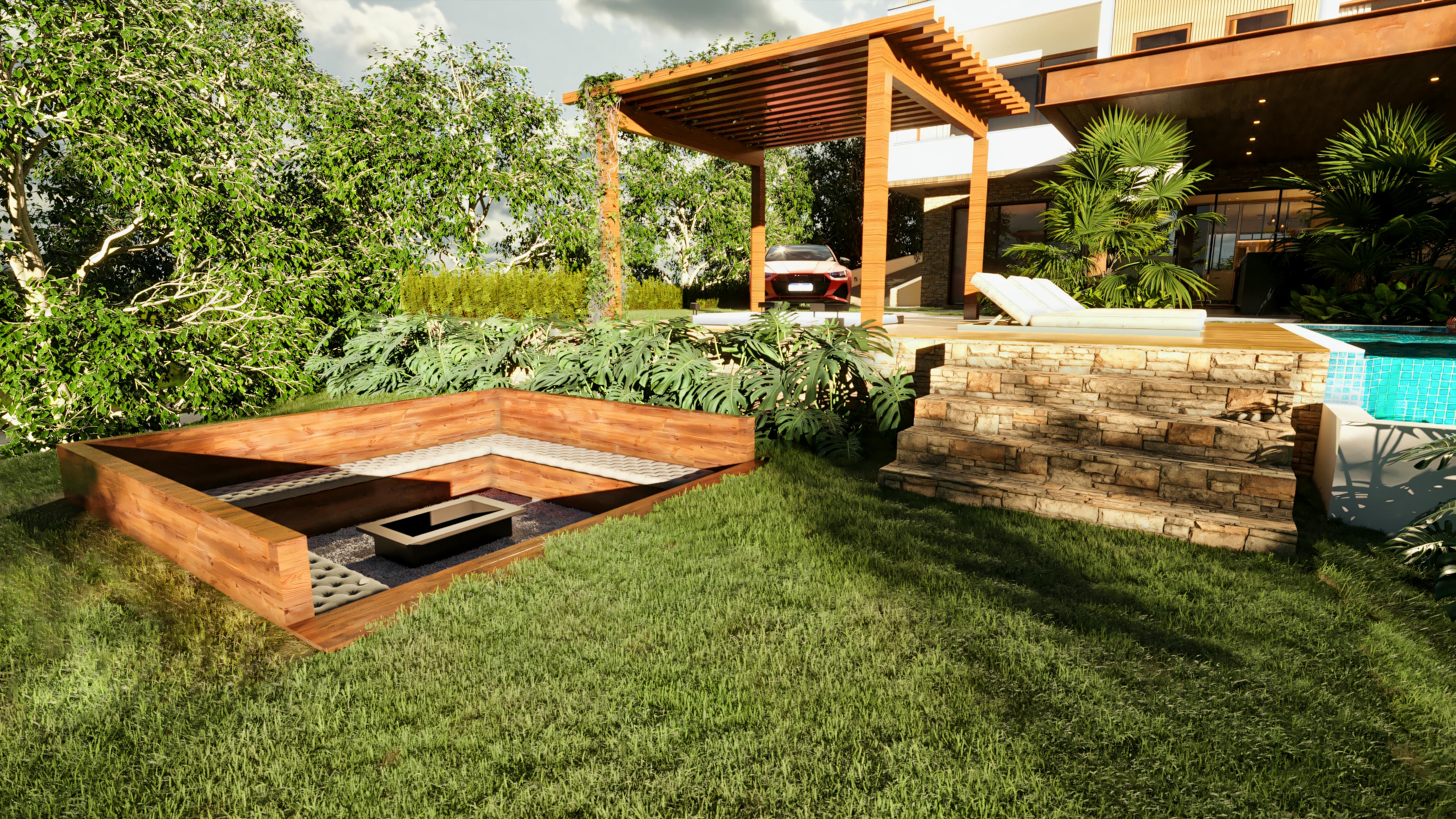 Área de ocio de casa de lujo con fire pit de madera en el césped, piscina con borde y tumbona, pergola de madera, y vista parcial de la casa y garaje al fondo.