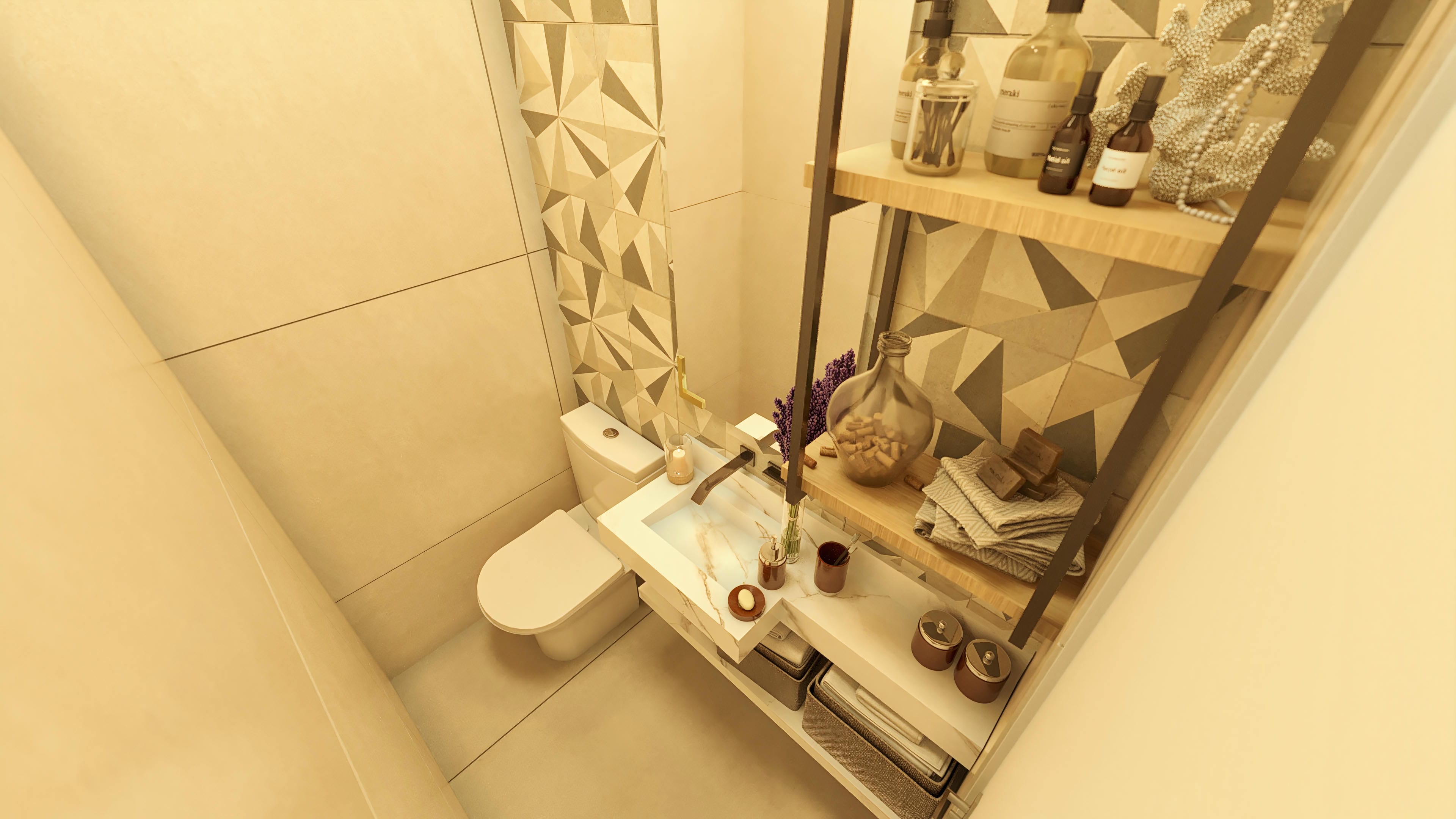 Detalles de un baño moderno con revestimiento 3D en tonos tierra y mármol, complementado por nichos y metales dorados.
