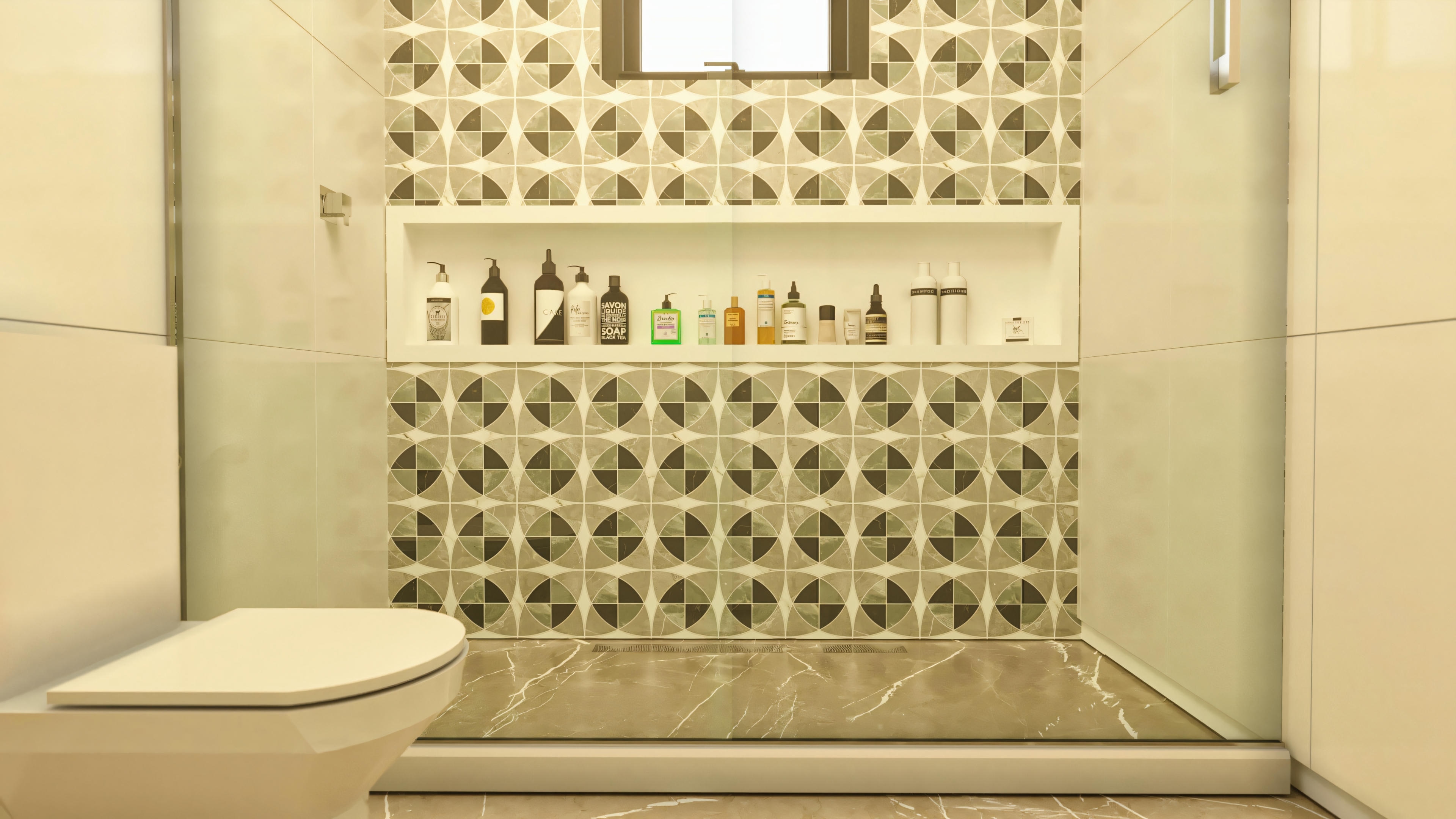 Close-up of the built-in shower niche in the bathroom, with geometric pattern tile cladding and shelf for shampoos and other products. This detail belongs to a bathroom in a 4-suite pool and gourmet area house project, on a 20x25 lot with 394.84sqm.