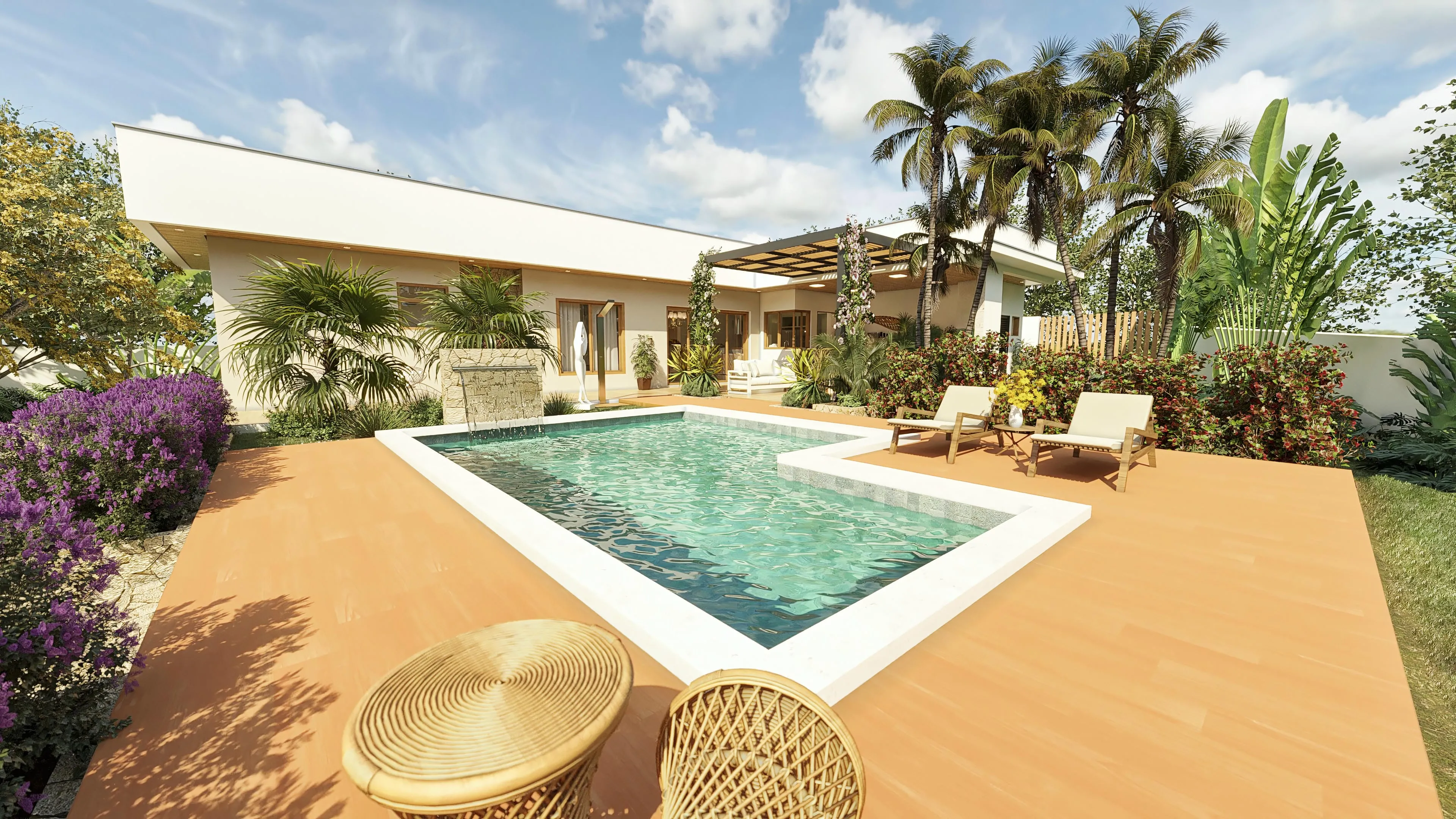 Vista externa de uma casa térrea moderna com piscina, área gourmet coberta e paisagismo tropical.