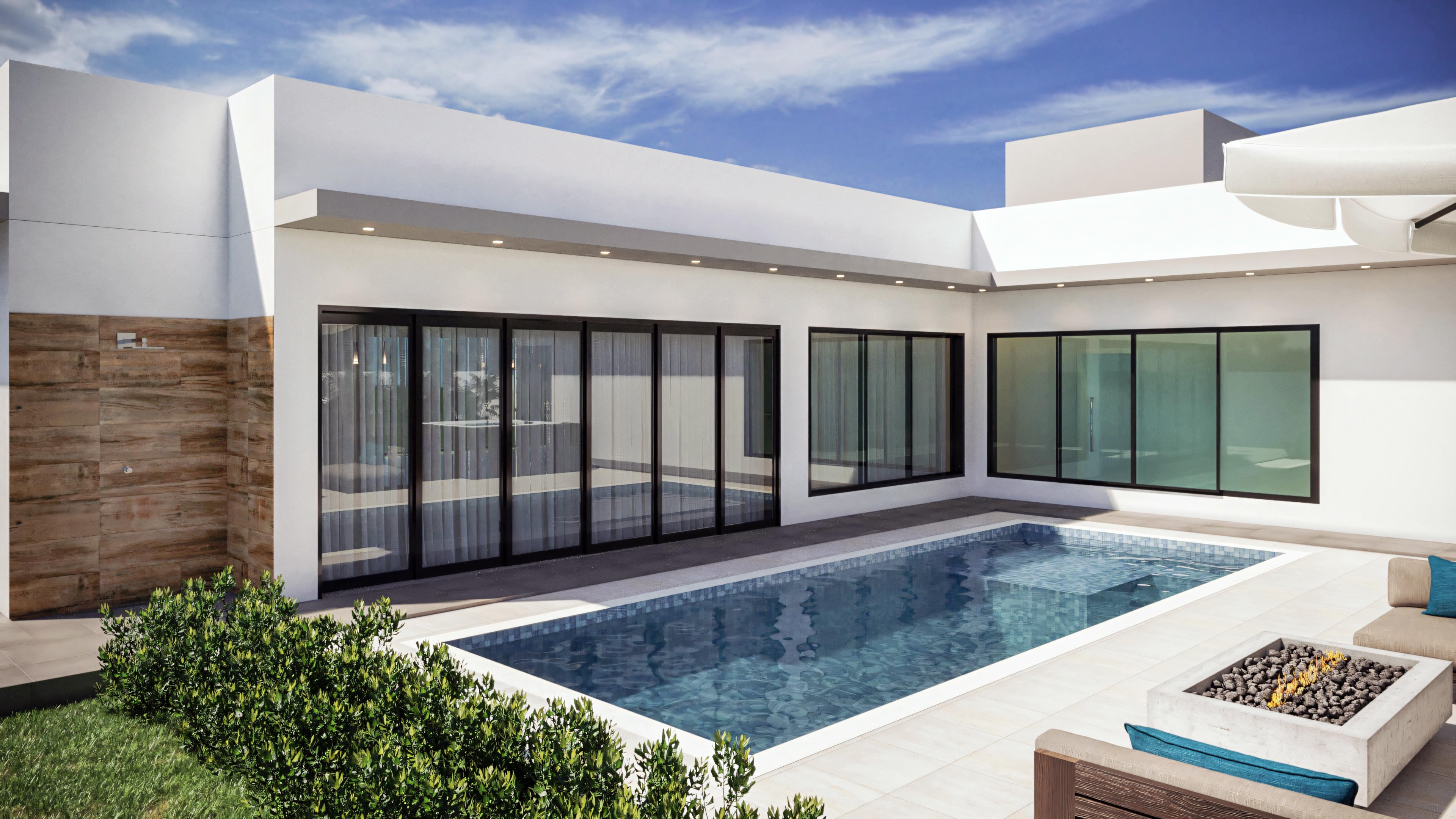 Fachada posterior de casa térrea moderna com amplas portas de vidro que se abrem para a área da piscina, mostrando integração dos ambientes, ducha externa e design contemporâneo.