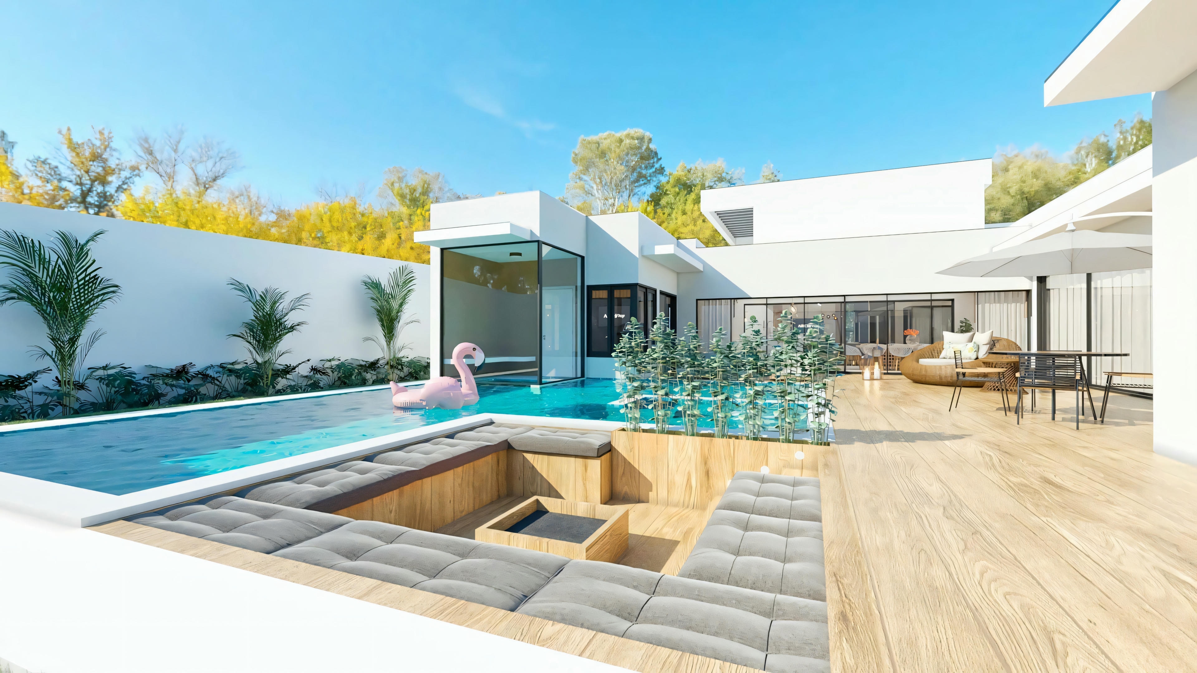 Leisure area of a luxury house with a pool, wooden deck, and sunken lounge with sofas and a central fireplace, integrated with the pool area. View of the modern facade in the background.