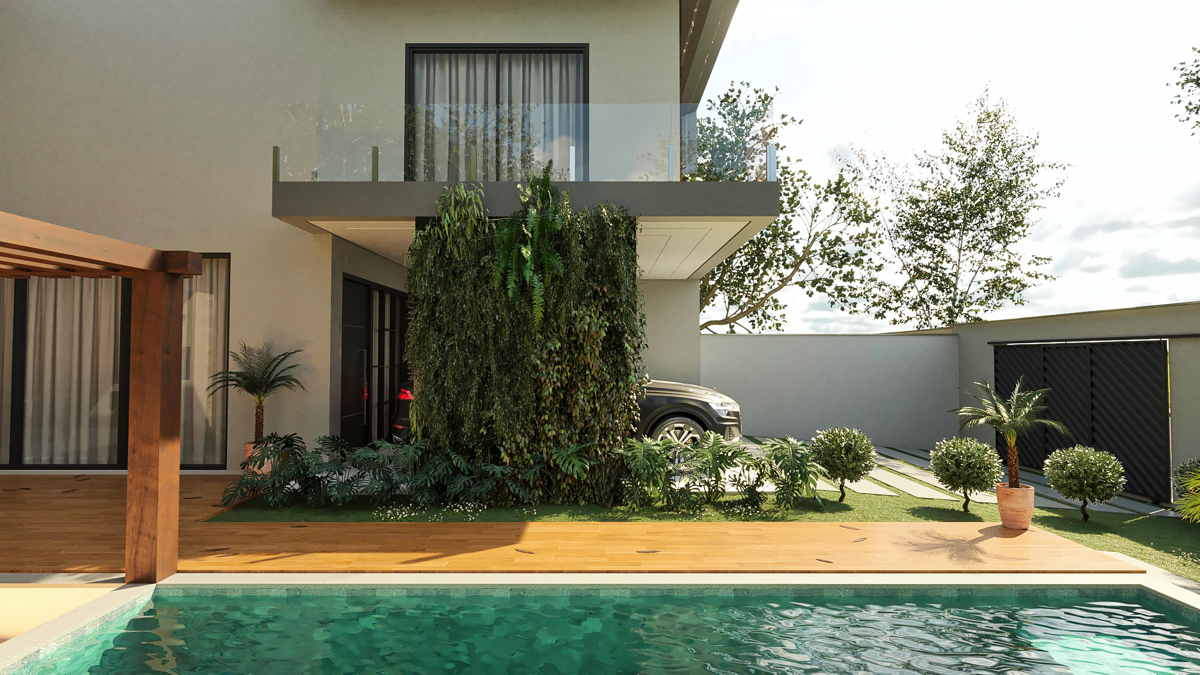 Modern facade of a two-story house with 4 suites, featuring a gourmet area with an integrated pool. The project harmonizes neutral tones, wood, and lush vegetation.