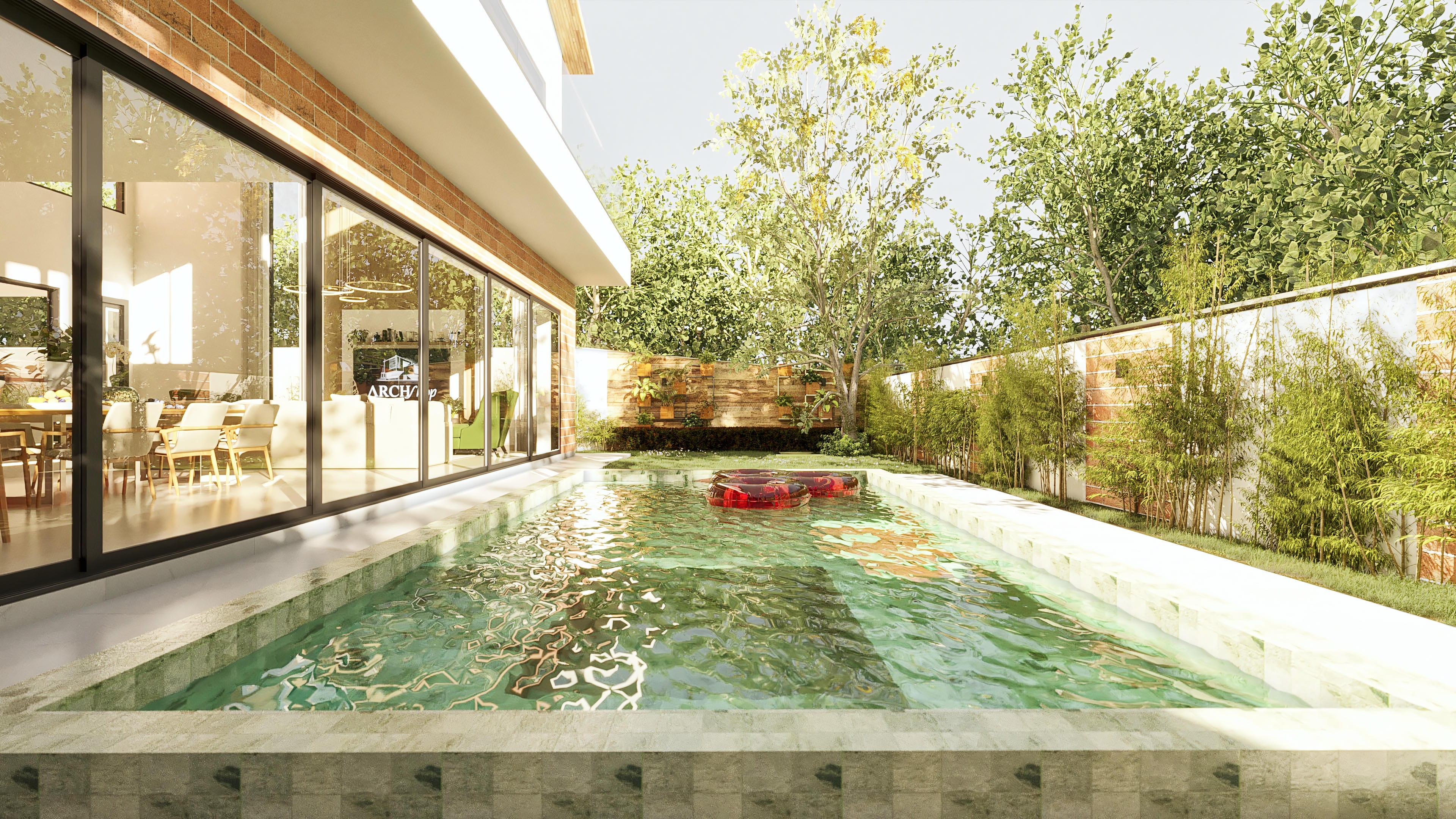 External view of a modern house with an inviting pool and large windows that reveal a spacious interior. The facade combines exposed bricks with white and wood details.