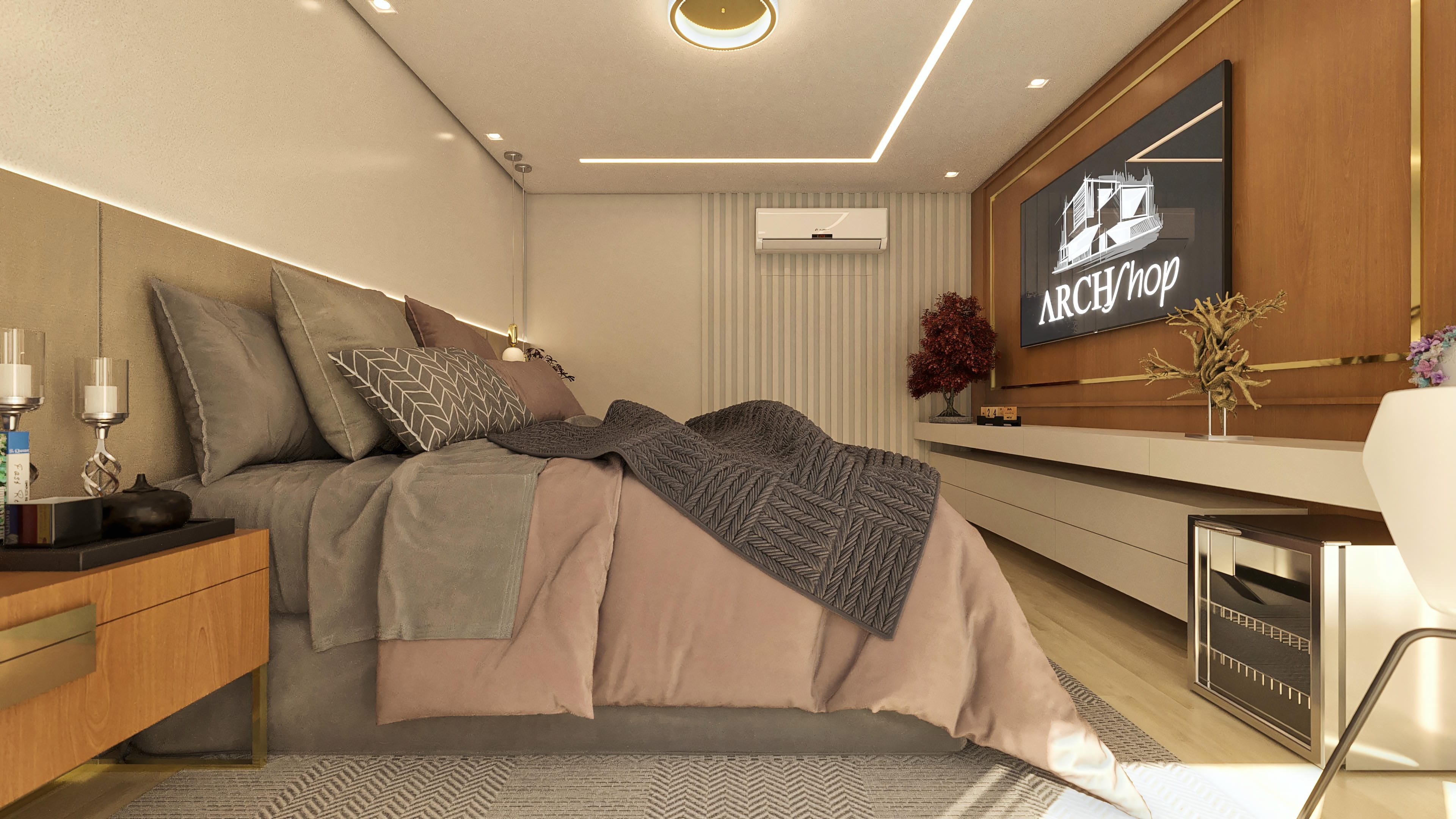 Quarto de alto padrão com cama queen, cabeceira estofada em tom neutro, iluminação em LED sutil, ar condicionado e painel de TV em madeira com detalhes dourados.