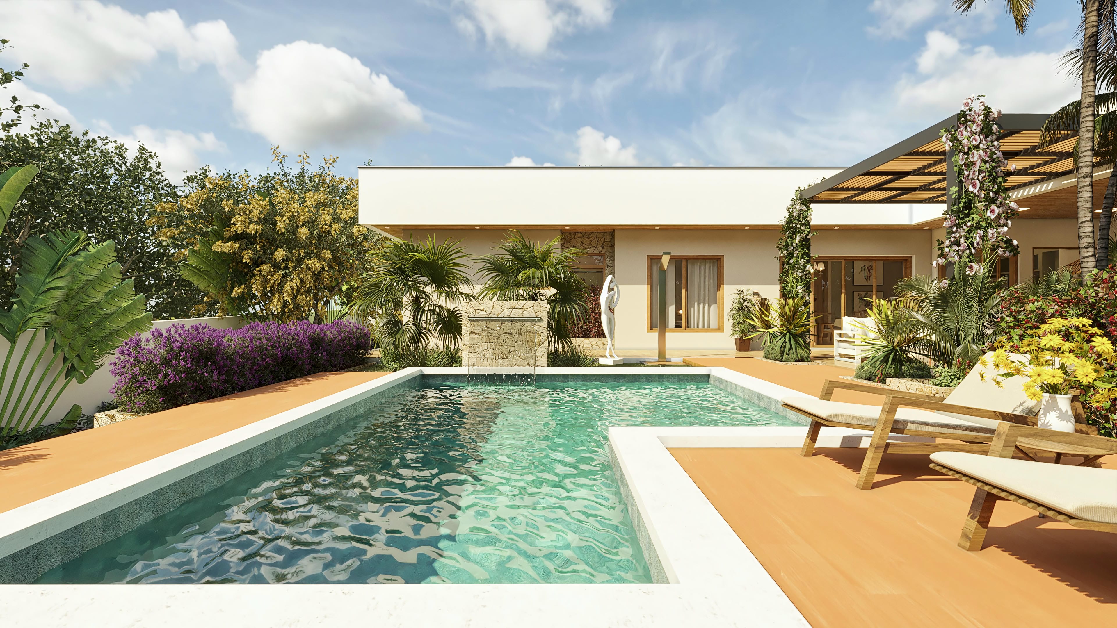Visión externa de casa de una planta moderna con piscina y área gourmet, destacando la fachada, techo, volúmenes y paisajismo exuberante.