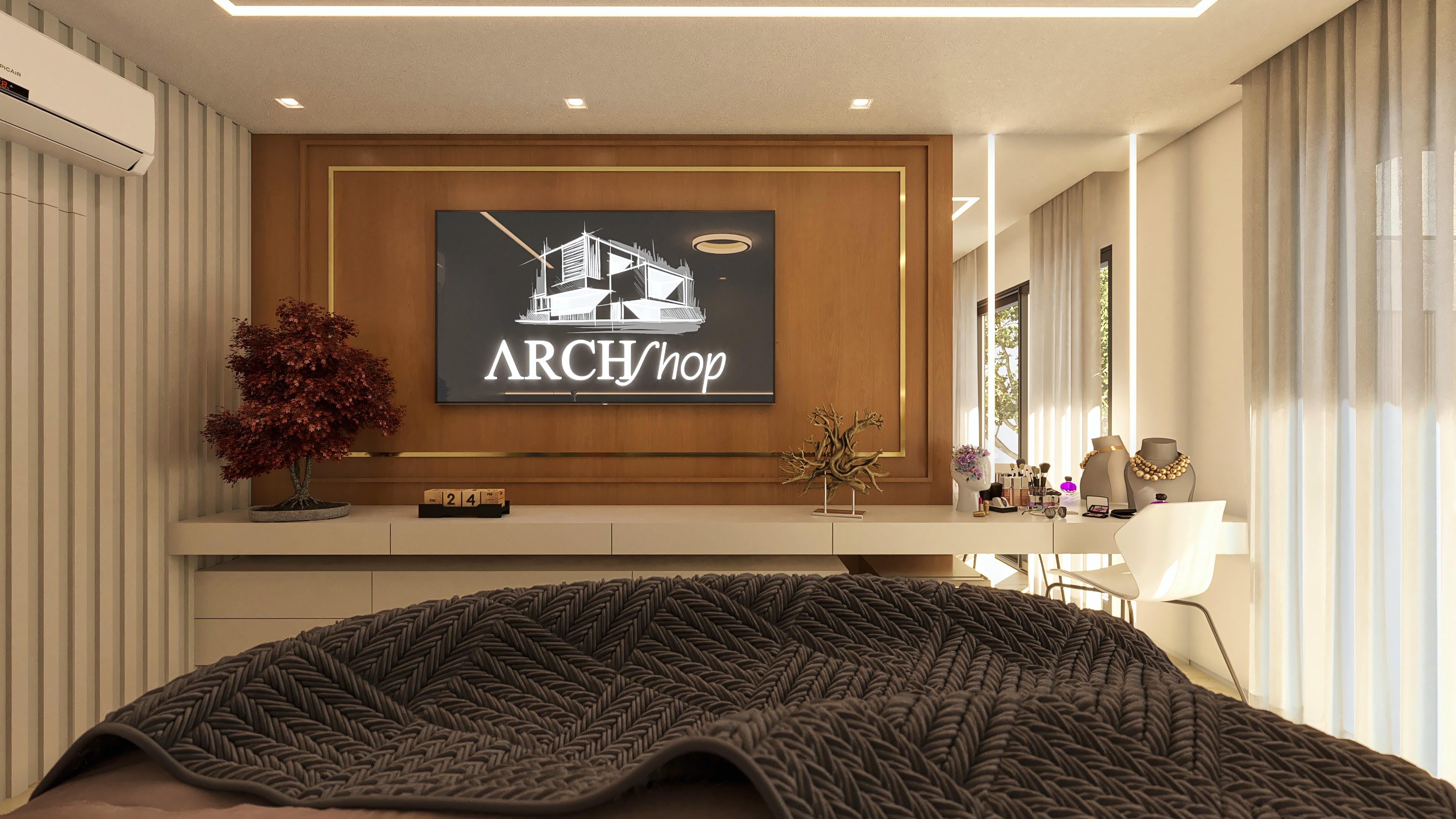 Internal detail of a luxury two-story house with woody panel, TV showing architectural art, elegant furniture, and indirect lighting.