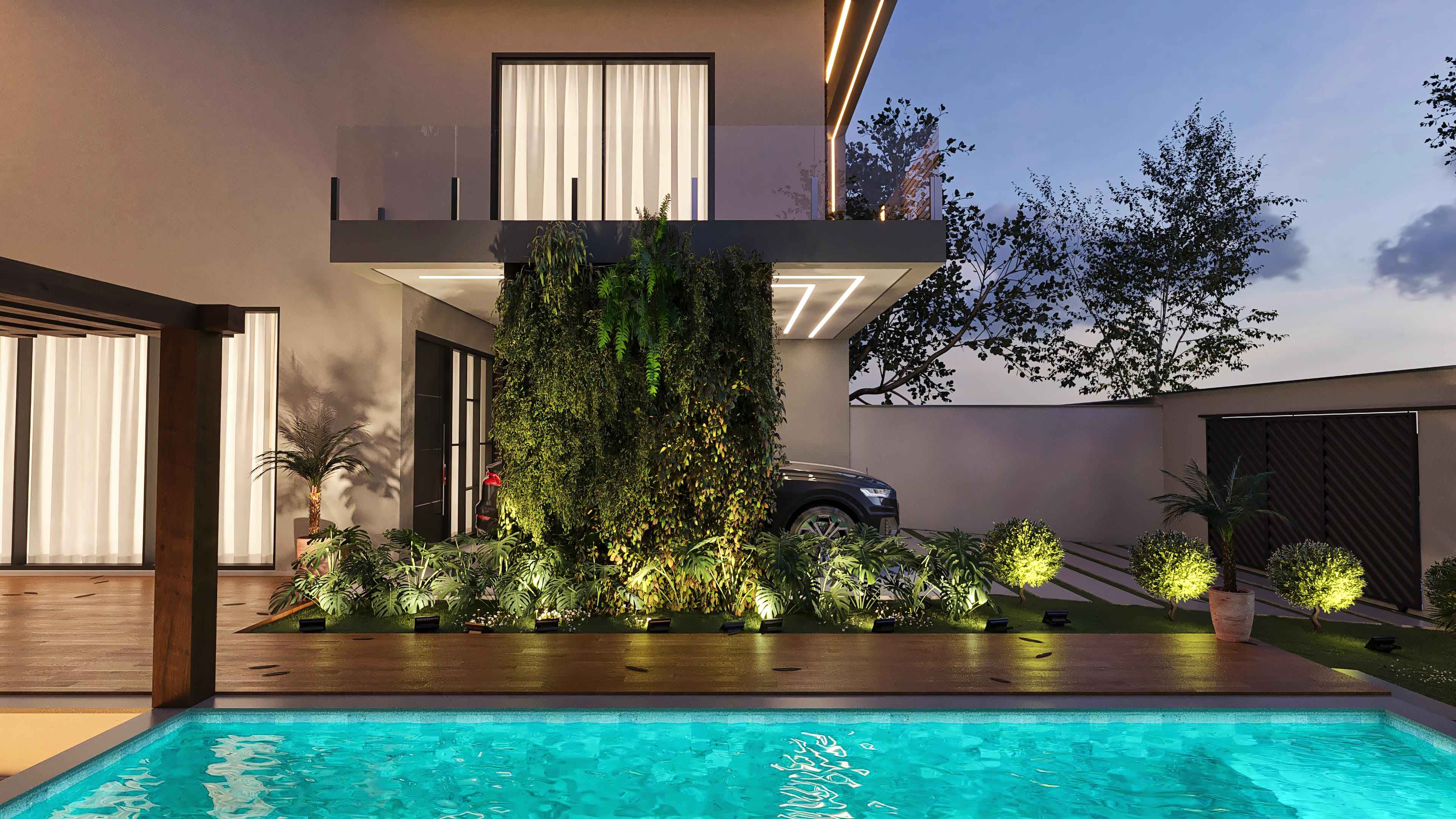 Fachada moderna de casa de dos plantas con 4 suites, destacando una piscina atractiva y un área gourmet integrada, con iluminación sutil que realza volúmenes y texturas.