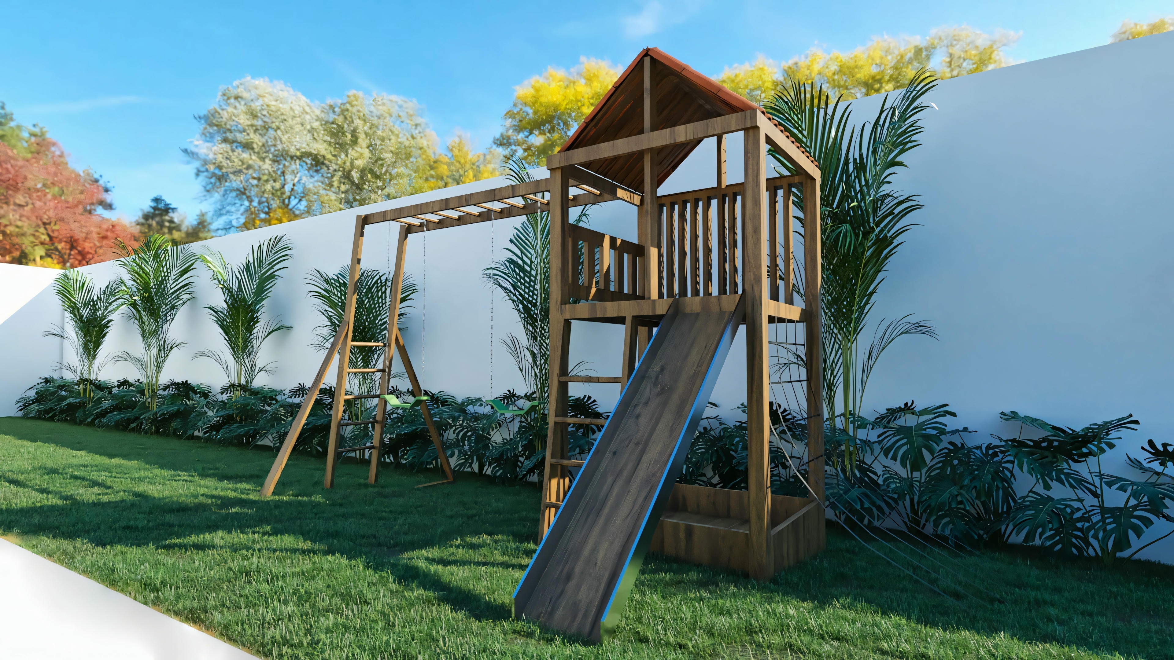 Wooden children's playground with a slide and climbing structure, installed on the green lawn of a luxury house project garden with 4 suites and a pool.