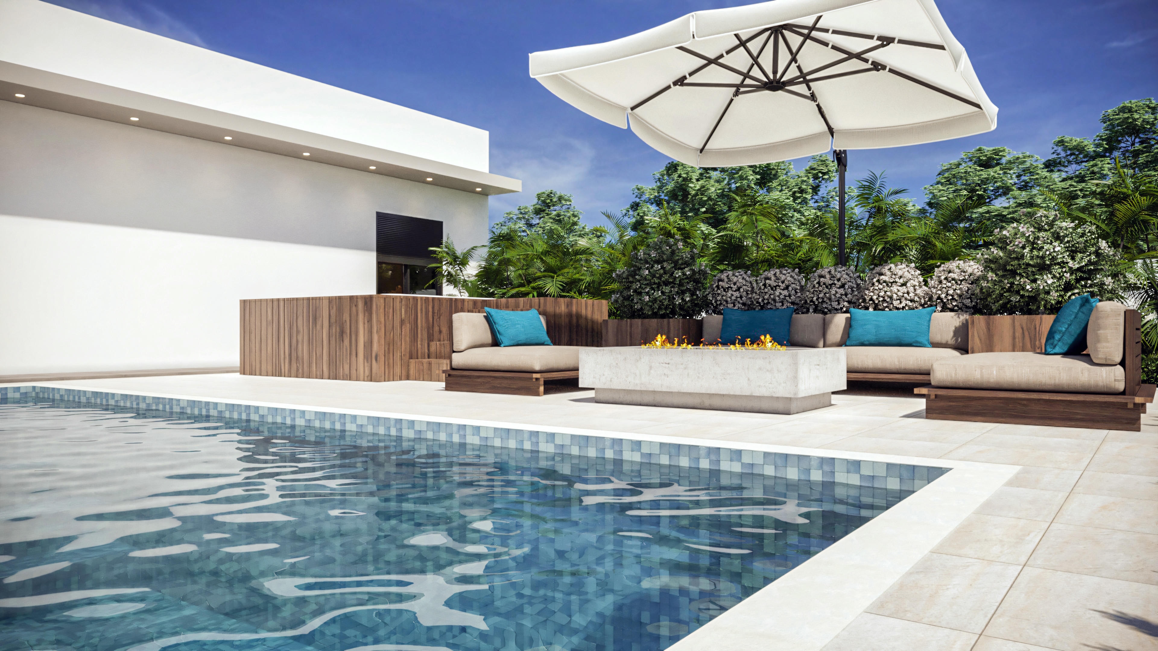 Detail of the outdoor lounge with comfortable sofas, fireplace and umbrella next to the pool of a 3-suite single-story house with a luxury gourmet area.