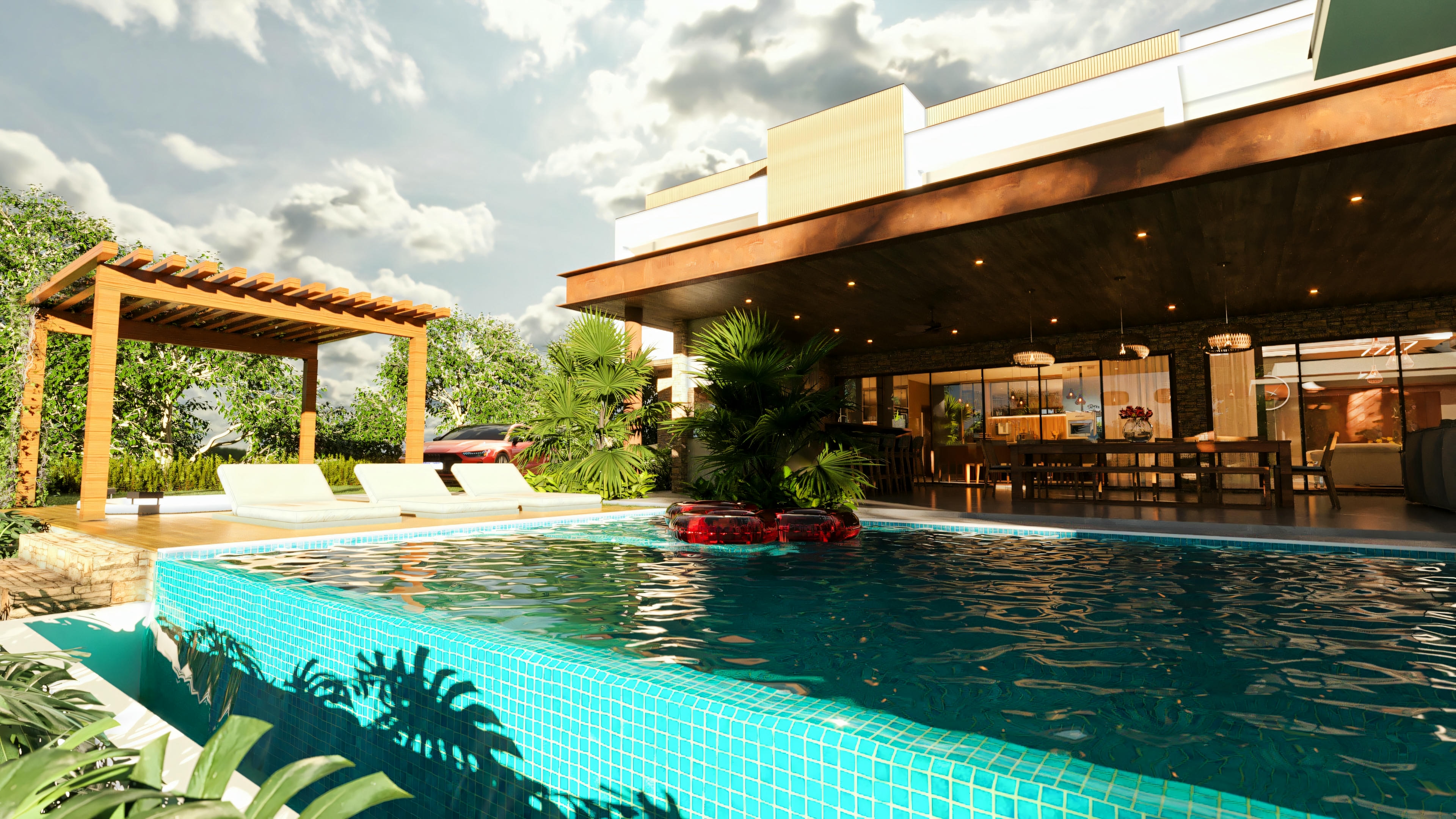 Vista da piscina com pastilhas azul-turquesa em casa de luxo, com deck de madeira, espreguiçadeiras sob pergolado, e ao fundo a ampla varanda gourmet coberta, integrada à casa.