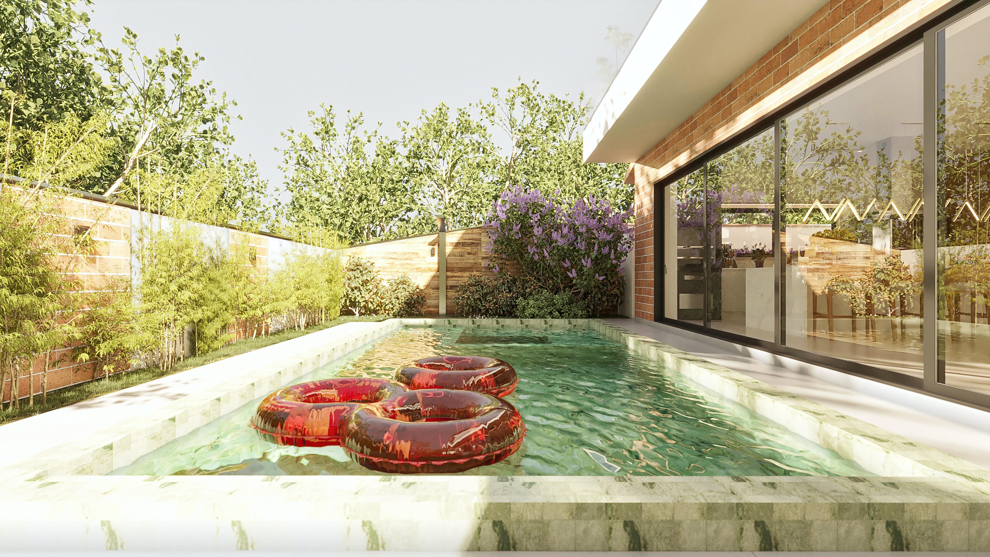 Piscina moderna con bordes en mármore verde y detalles en ladrillo visto, integrada a un espacio gourmet con amplios ventanales.