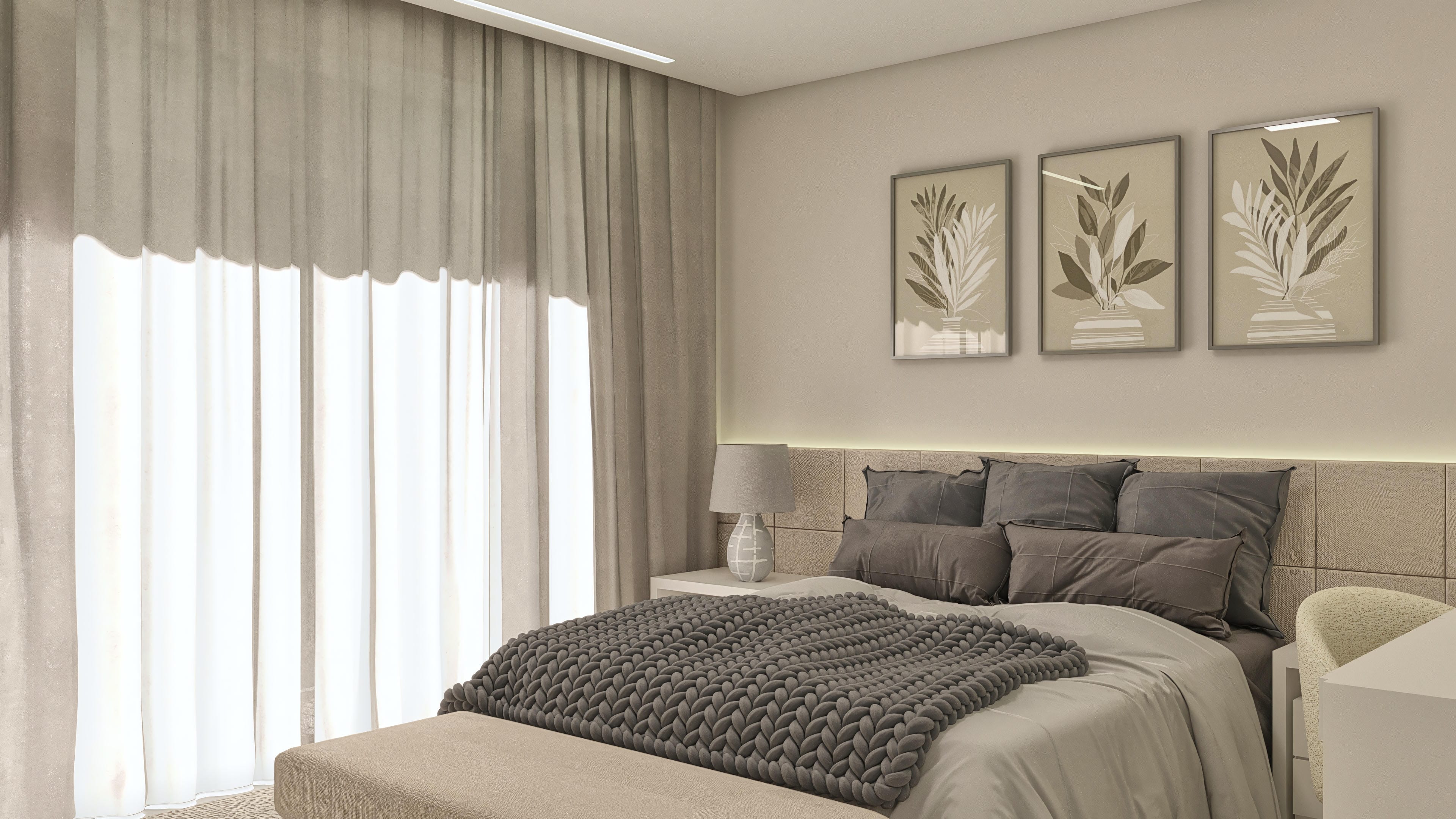 Quarto de casal luxuoso com 4 suítes, featuring um design moderno com painel ripado, iluminação embutida e cortinas elegantes. A decoração minimalista complementa o conforto.