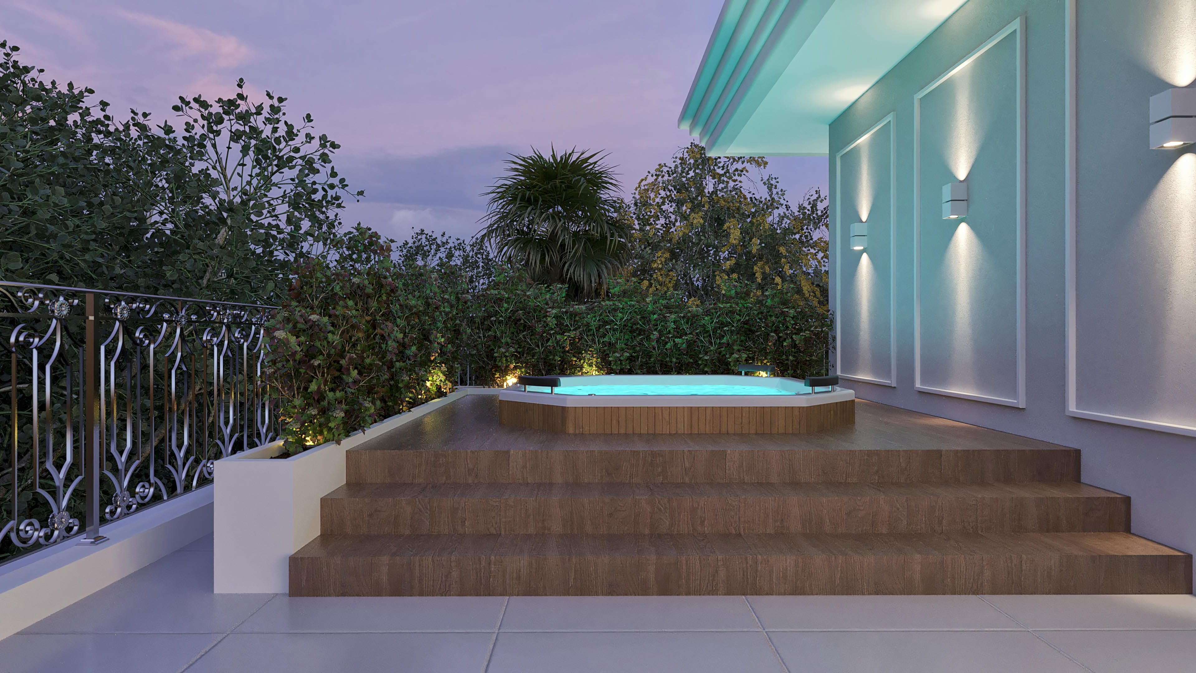 Detalhe de área de lazer com jacuzzi, deck de madeira e iluminação moderna em sobrado neoclássico de alto padrão.