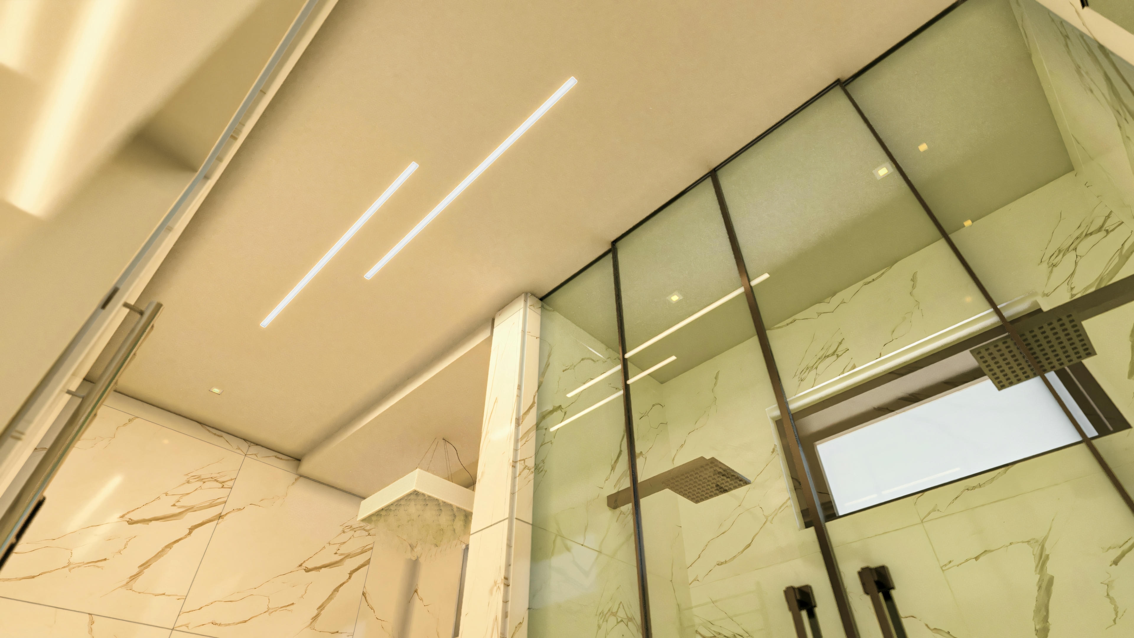 Vista de abajo hacia arriba del techo del box del baño de una suite, mostrando iluminación empotrada LED, revestimiento marmolado en las paredes, ducha moderna y box de vidrio con perfiles negros. Este baño forma parte de un proyecto de casa con 4 suites, piscina y quincho, en terreno de 20x25 con 394.84m².