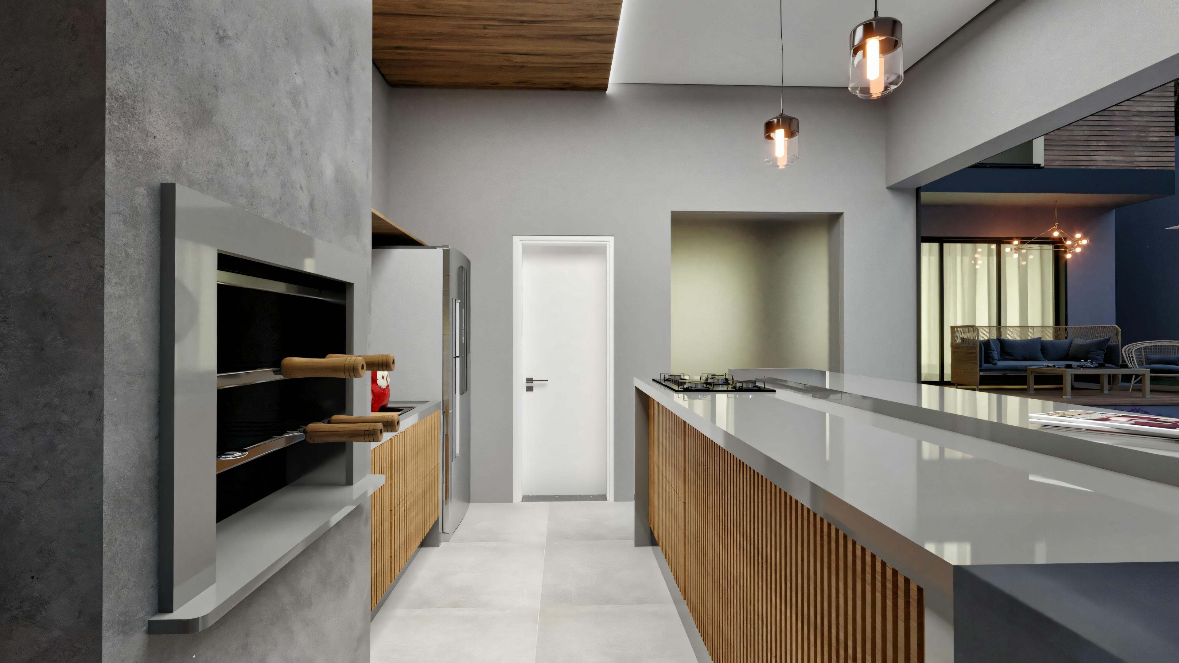Vista lateral del área gourmet de casa moderna (4 suites, 316.98m²), exhibiendo barra con encimera oscura, barbacoa empotrada, nevera de acero inoxidable, armarios con puertas listonadas en madera y acceso a la terraza cubierta a la derecha.