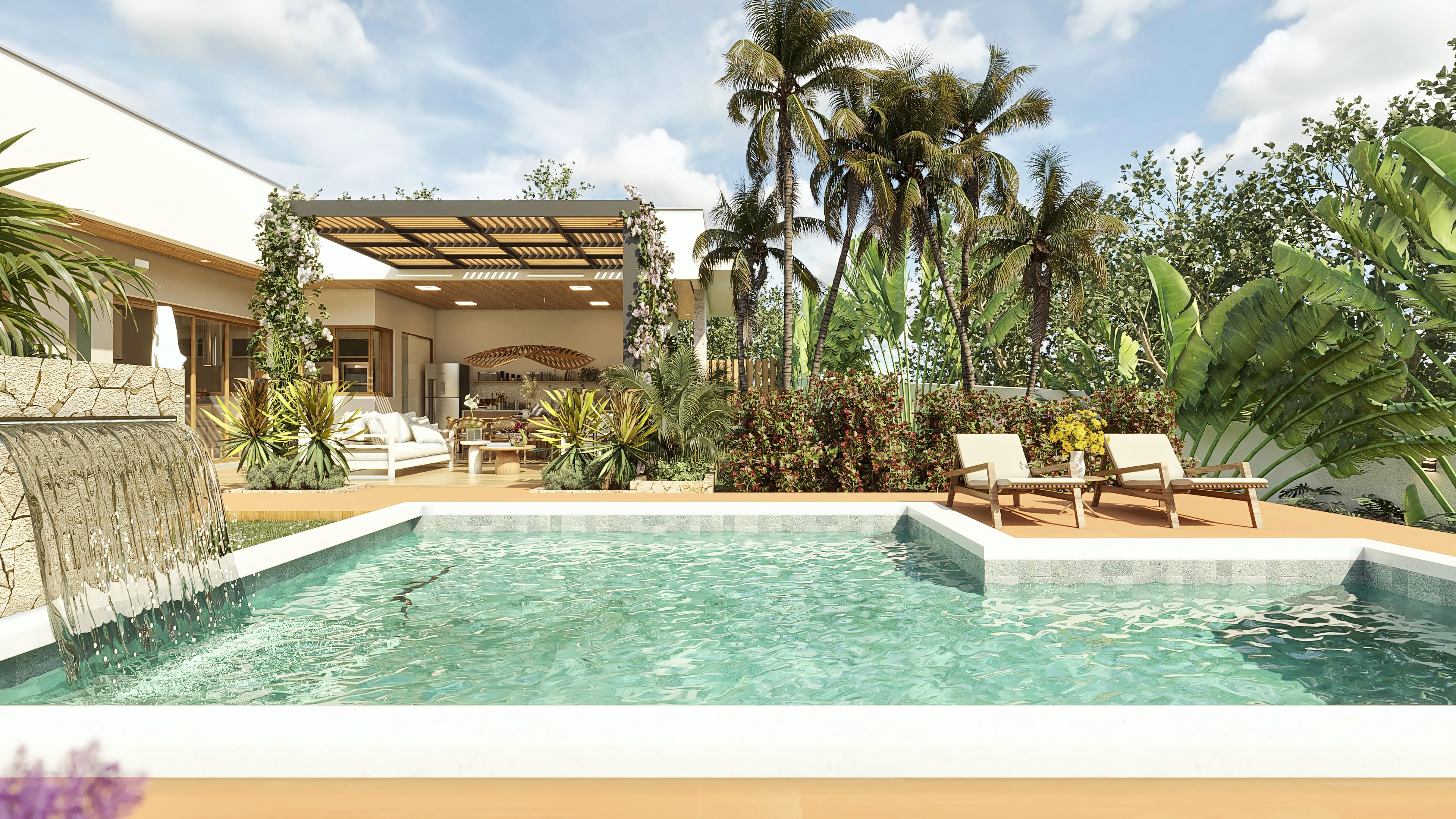 Visión externa de casa de una planta moderna con piscina, cascada, área gourmet integrada y paisajismo exuberante. Detalles de pergolado y revestimiento de piedra.