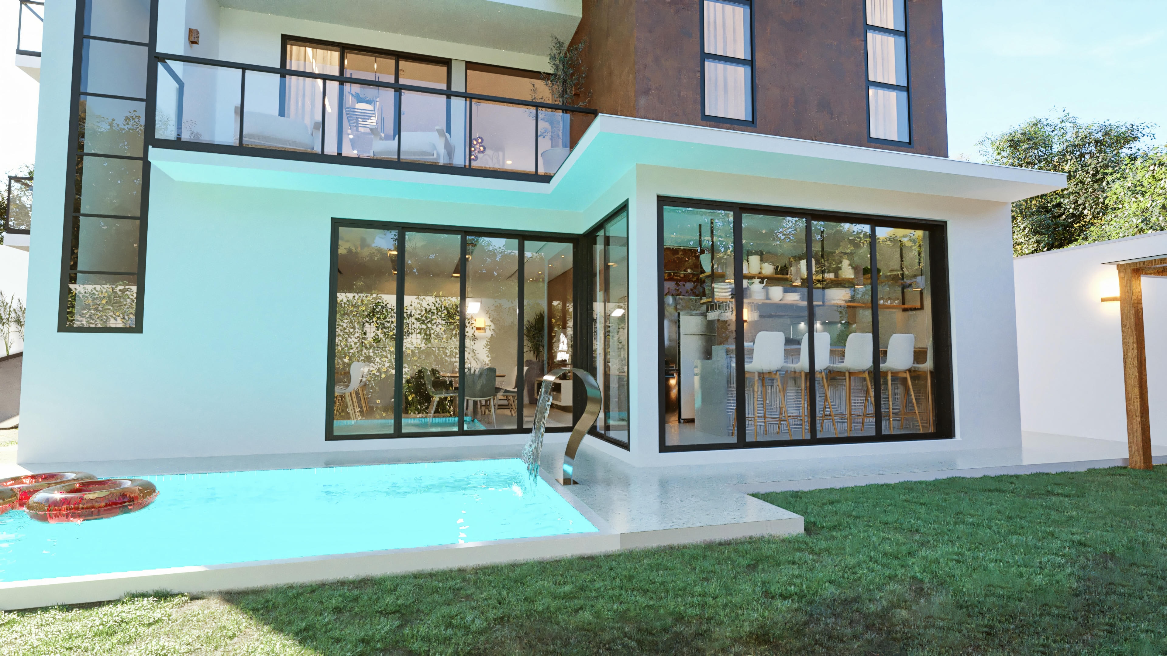 Facade of a modern two-story house with a pool, garden, and large leisure area. The 20x25 lot house project features large glass openings integrating the gourmet and social area with the pool. 394.84sqm, 4-suite, and 3-garage model house.