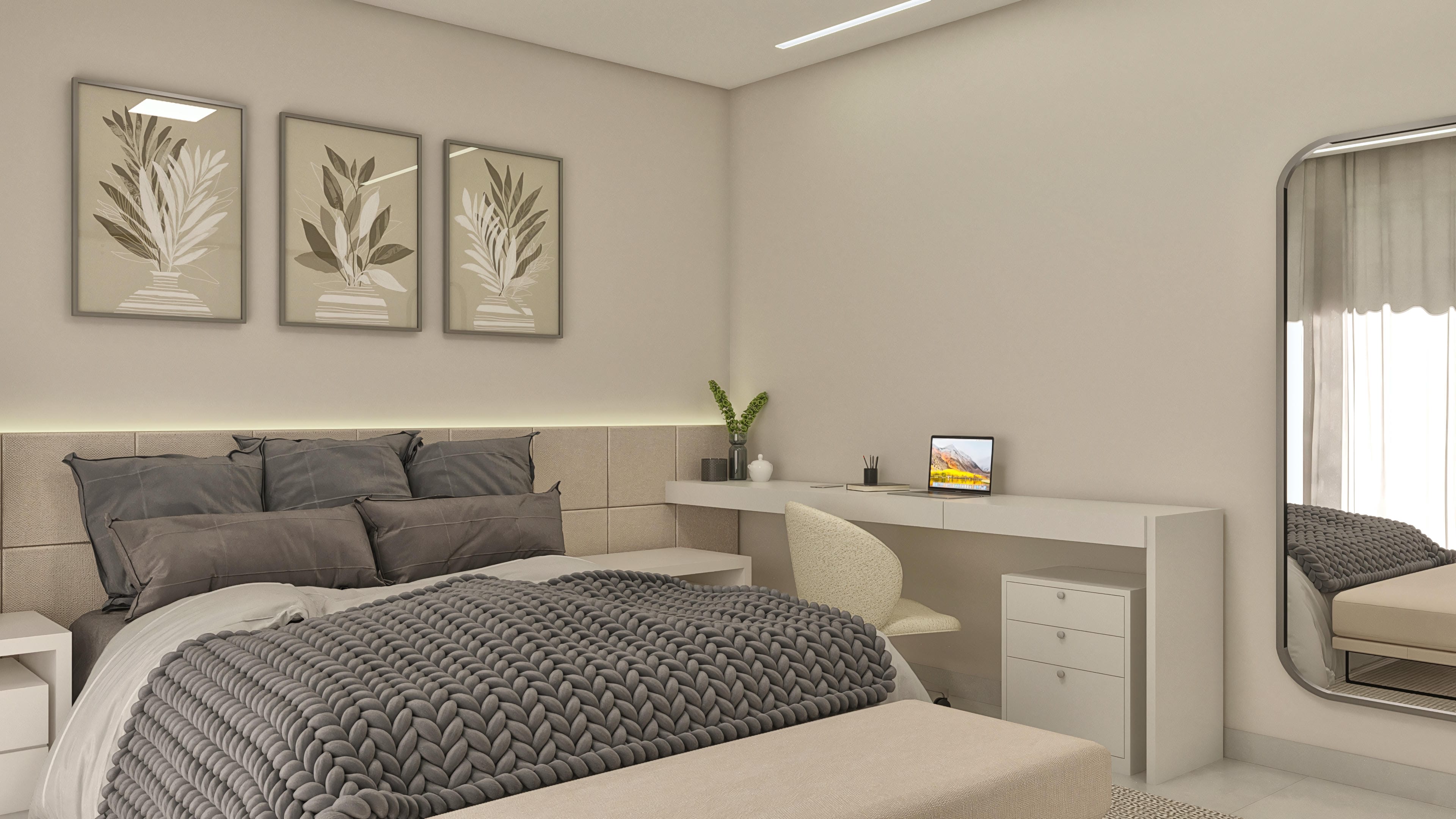 Quarto de suíte com cama espaçosa, cabeceira estofada, mesa de escritório integrada e espelho grande. Detalhes em tons neutros e iluminação indireta.
