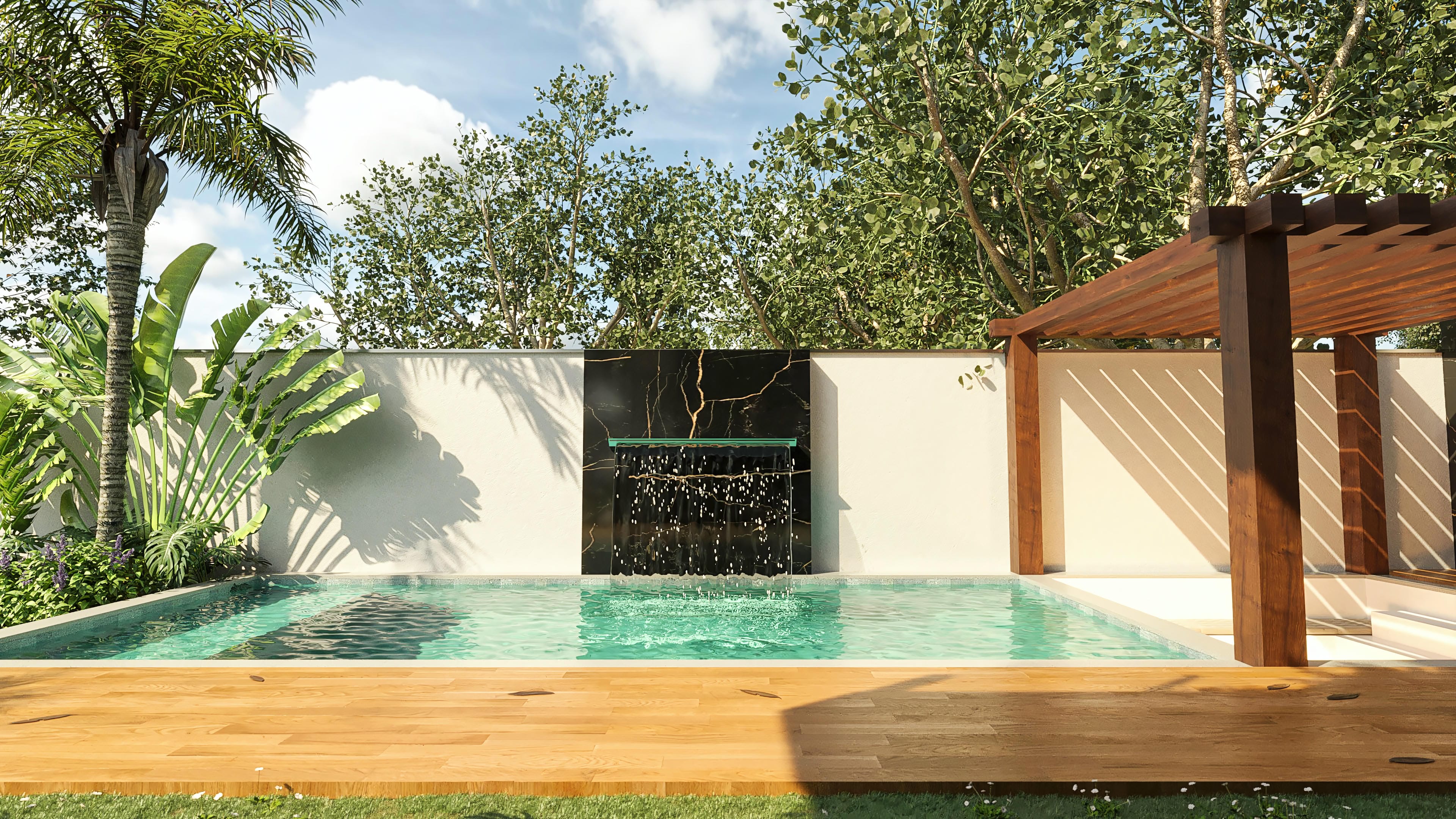 Vista de uma piscina com cascata em mármore preto, deck de madeira e área gourmet com pergolado.