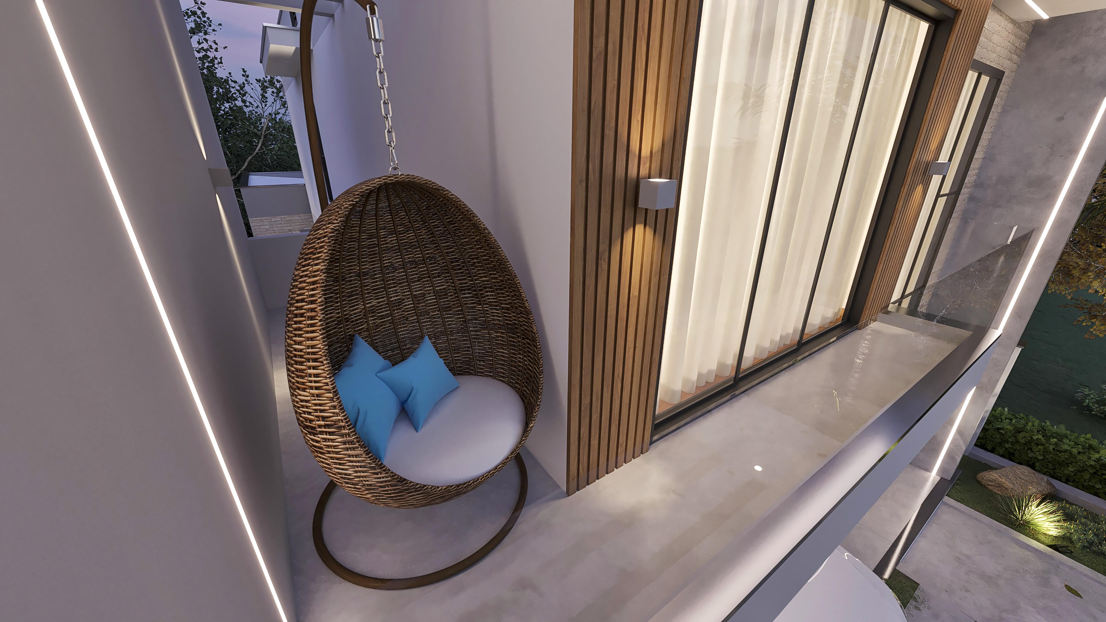 Detail of a modern balcony with a hanging armchair and wood cladding, connected to a leisure area with a pool and landscaping.