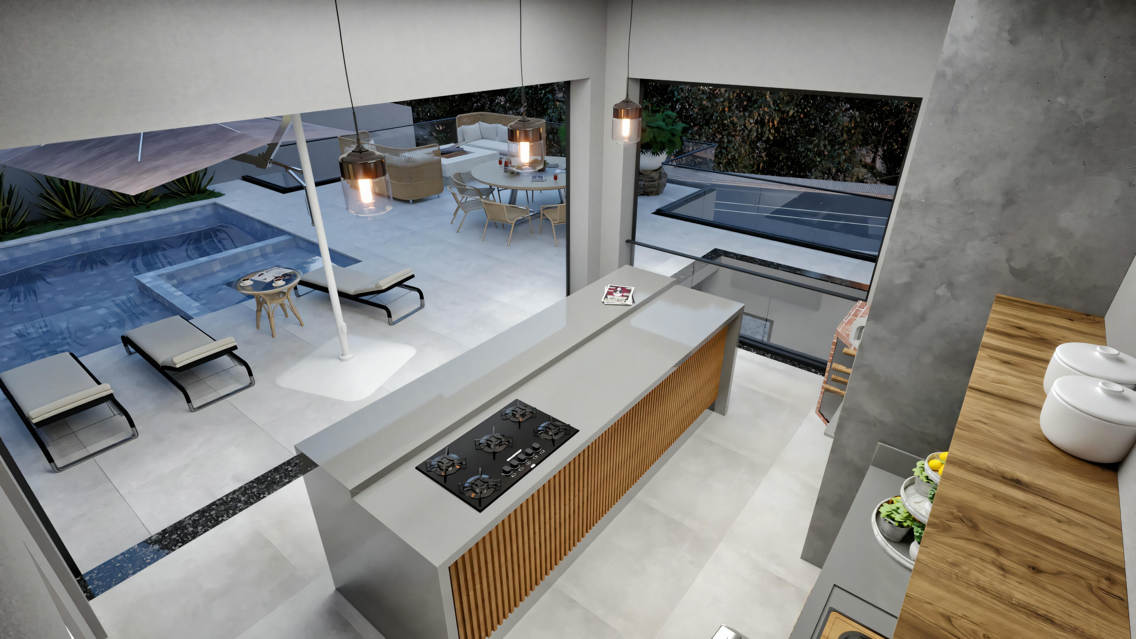 Vista superior do espaço gourmet, mostrando o balcão com cooktop e a integração total com a área de lazer externa que inclui piscina, solário, lounge com lareira e espaço de jantar. Projeto de casa moderna com 4 suítes (316.98m²).
