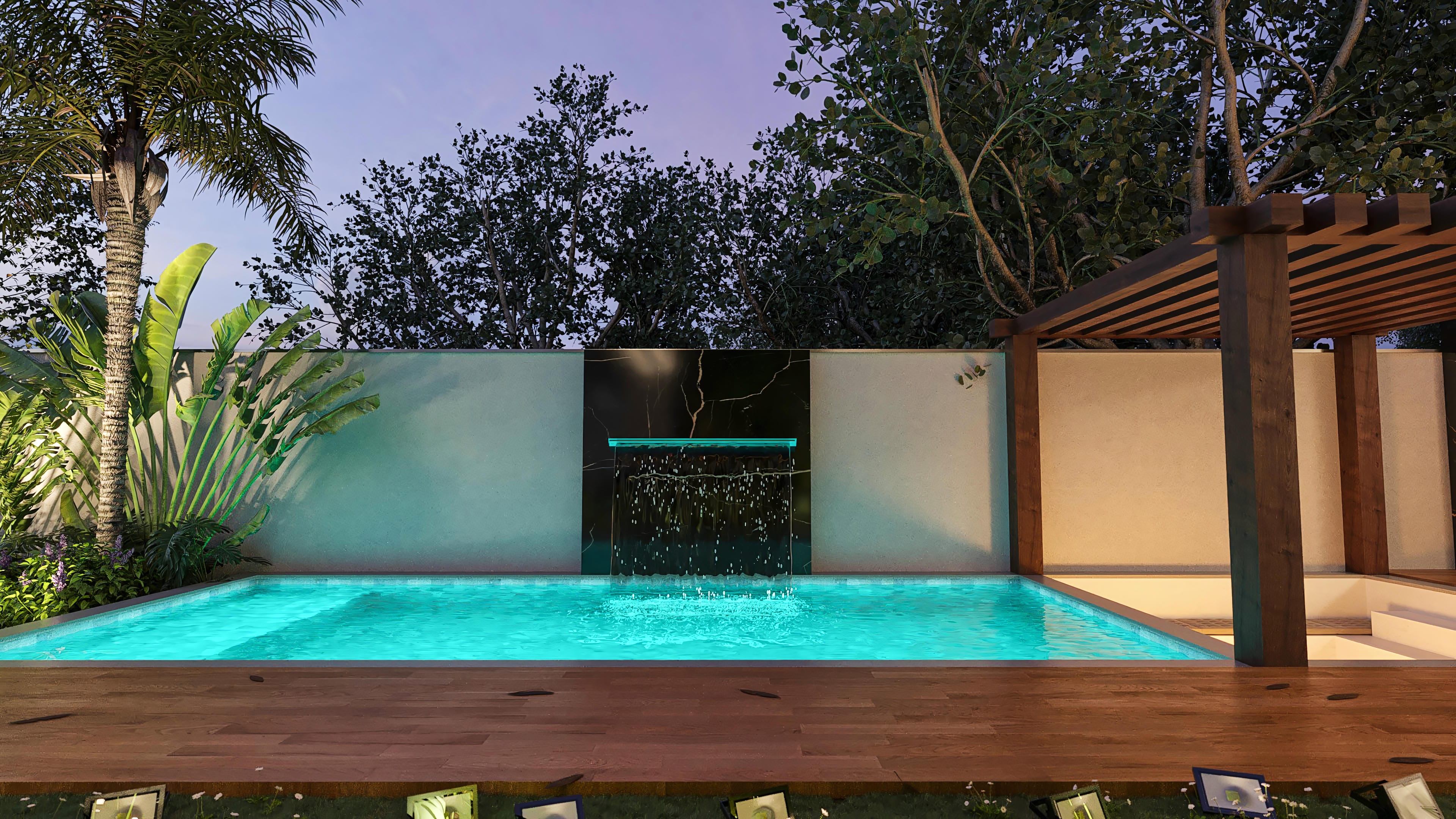 Área de ocio con piscina de agua azul turquesa y cascada en pared con revestimiento oscuro, deck de madera y pérgola rústica.