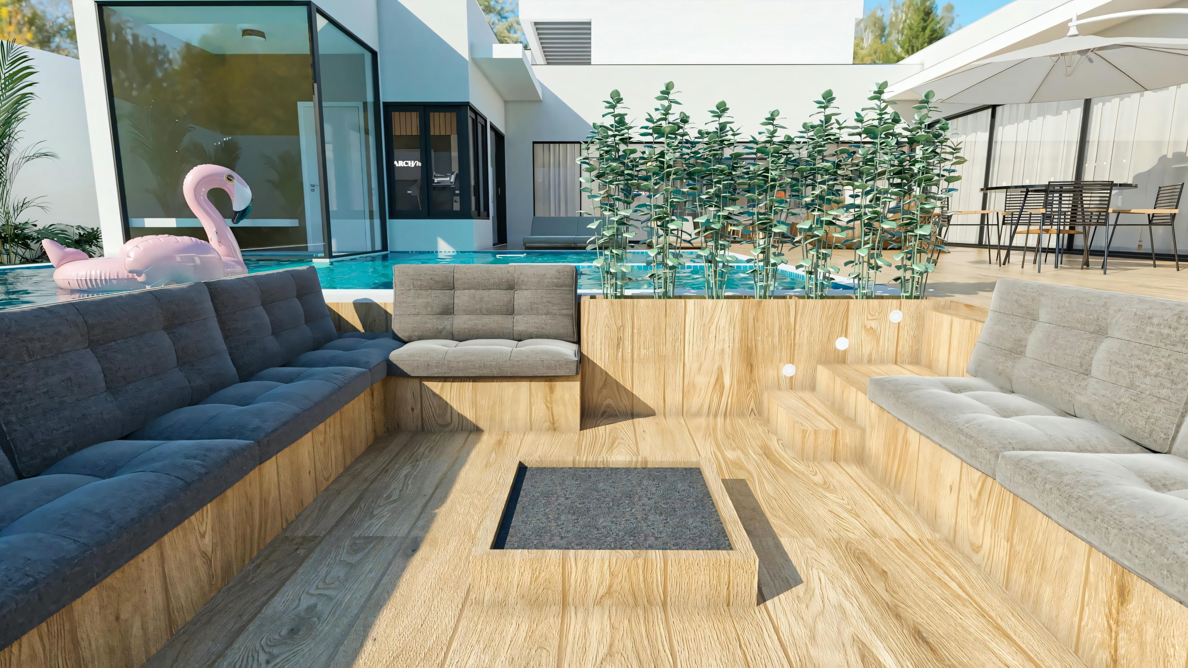 Patio externo de proyecto residencial de lujo con piso de deck de madera, conjunto de mesa y sillas de diseño moderno bajo sombrilla lateral, con amplias puertas de vidrio conectando al interior de la casa con 4 suites.