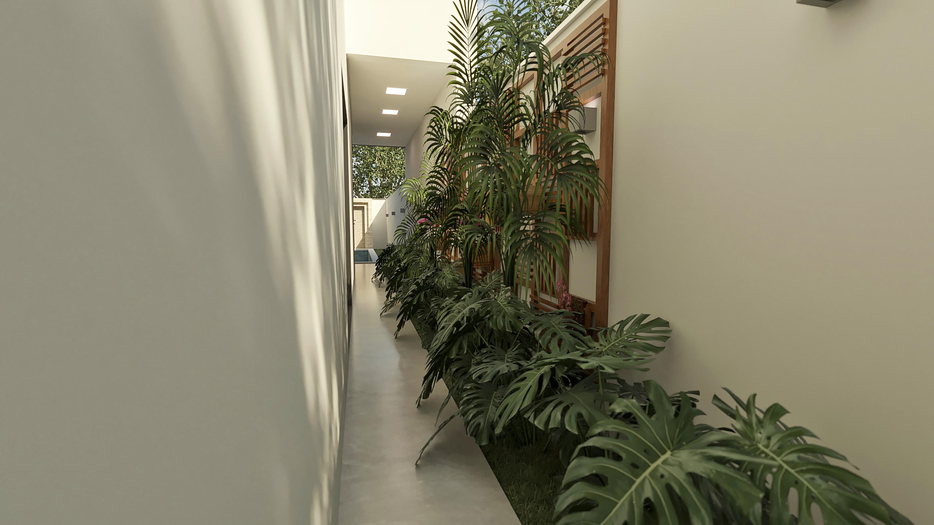 View of a side hallway with light walls and built-in lighting, flanked by a lush garden with green foliage and a slatted wood detail.