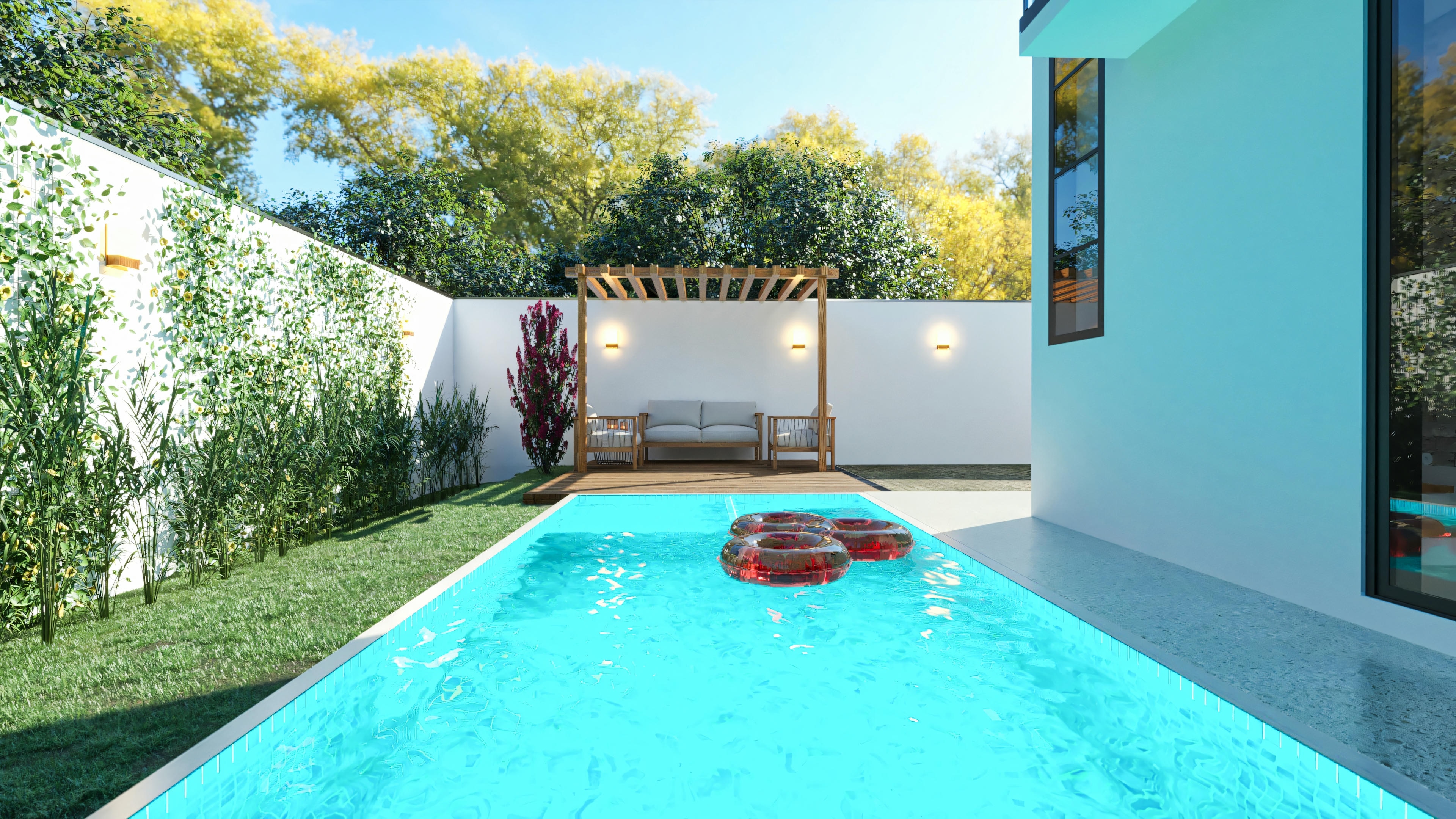 Leisure area with a rectangular pool, wood deck with pergola and outdoor furniture for relaxation, and landscaping with lawn and plants. This outdoor living space is part of a 4-suite pool and gourmet area house project on a 20x25 lot, with 394.84sqm.