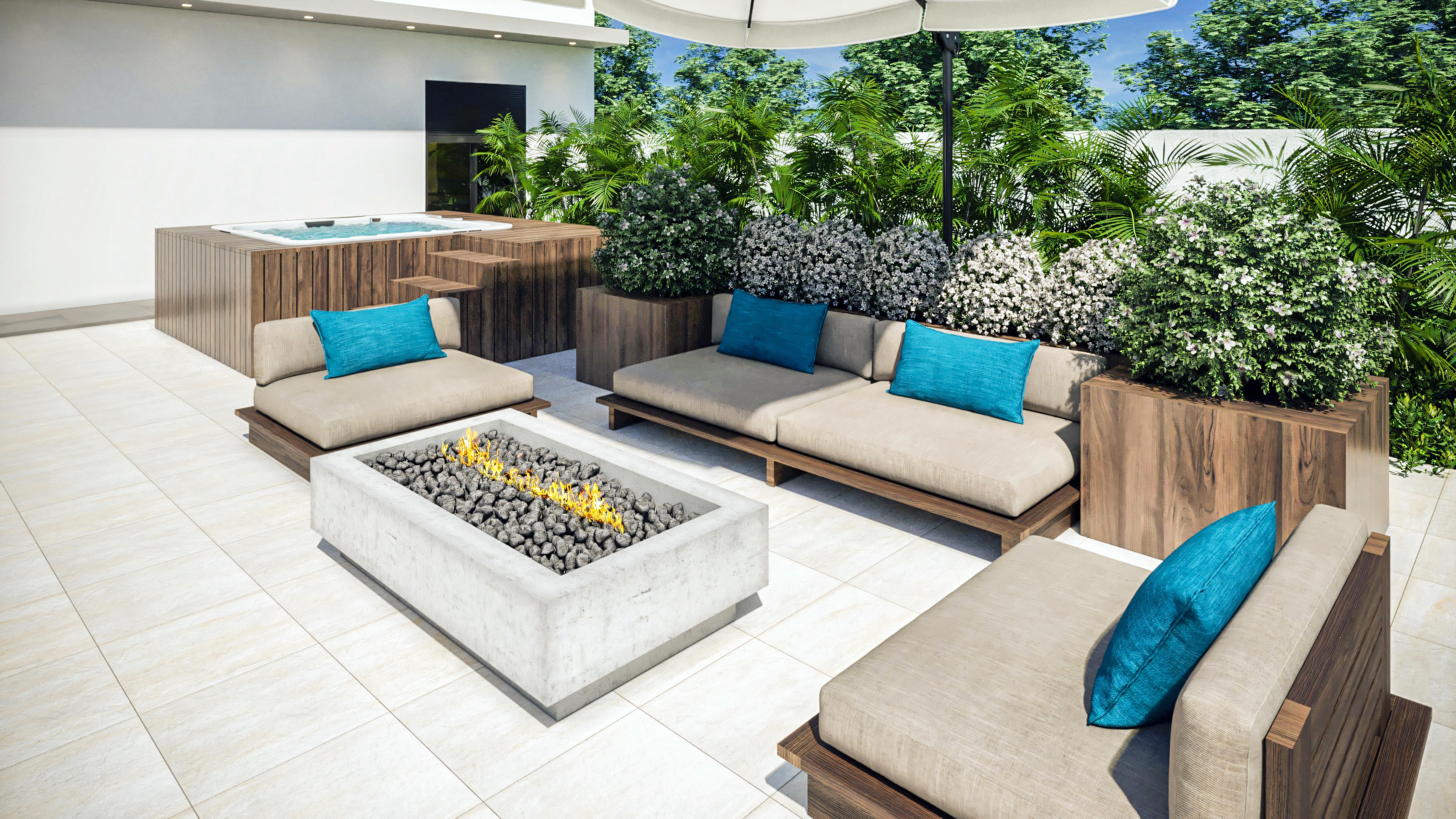 Lounge de la zona gourmet con sofás, chimenea externa a gas, y jacuzzi al fondo, en casa de planta baja con 3 suites, piscina y paisajismo exuberante.