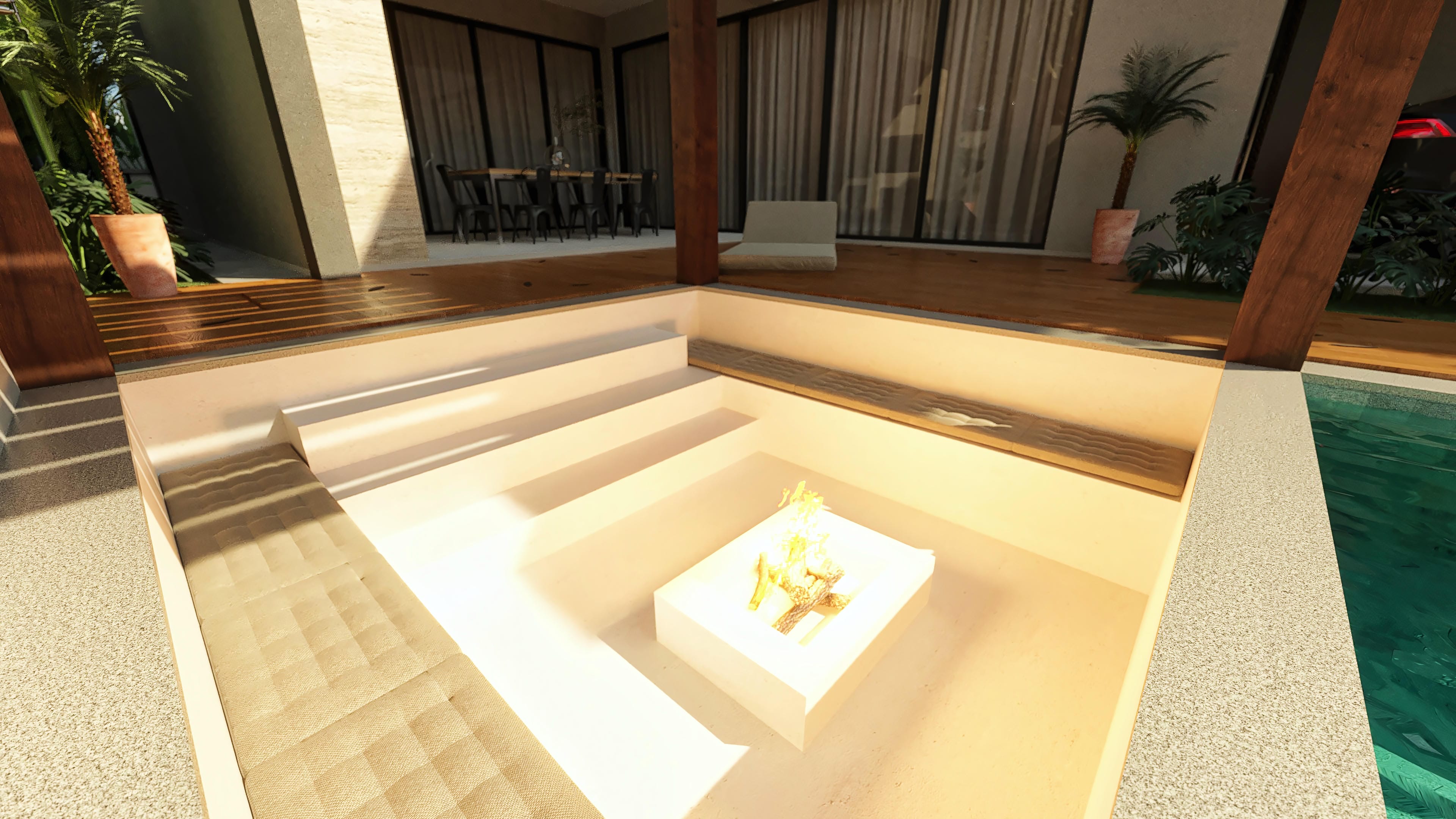 Área externa de casa moderna con piscina, área gourmet, chimenea externa y deck de madera. Diseño contemporáneo con volúmenes y texturas.