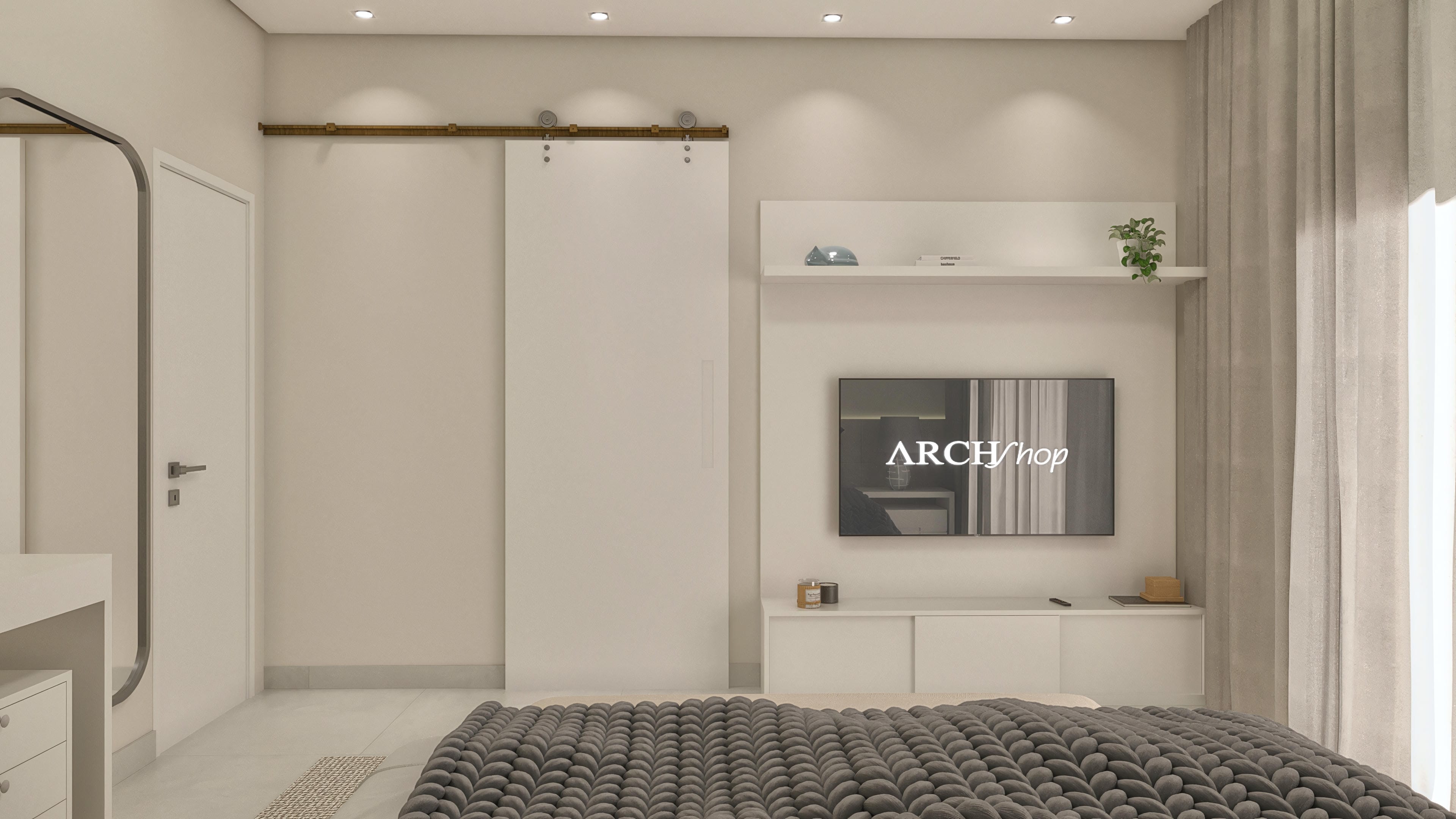 Interior de quarto com porta de correr branca camuflada, TV moderna em painel minimalista, cortinas elegantes e decoração discreta, evidenciando um ambiente clean e funcional.