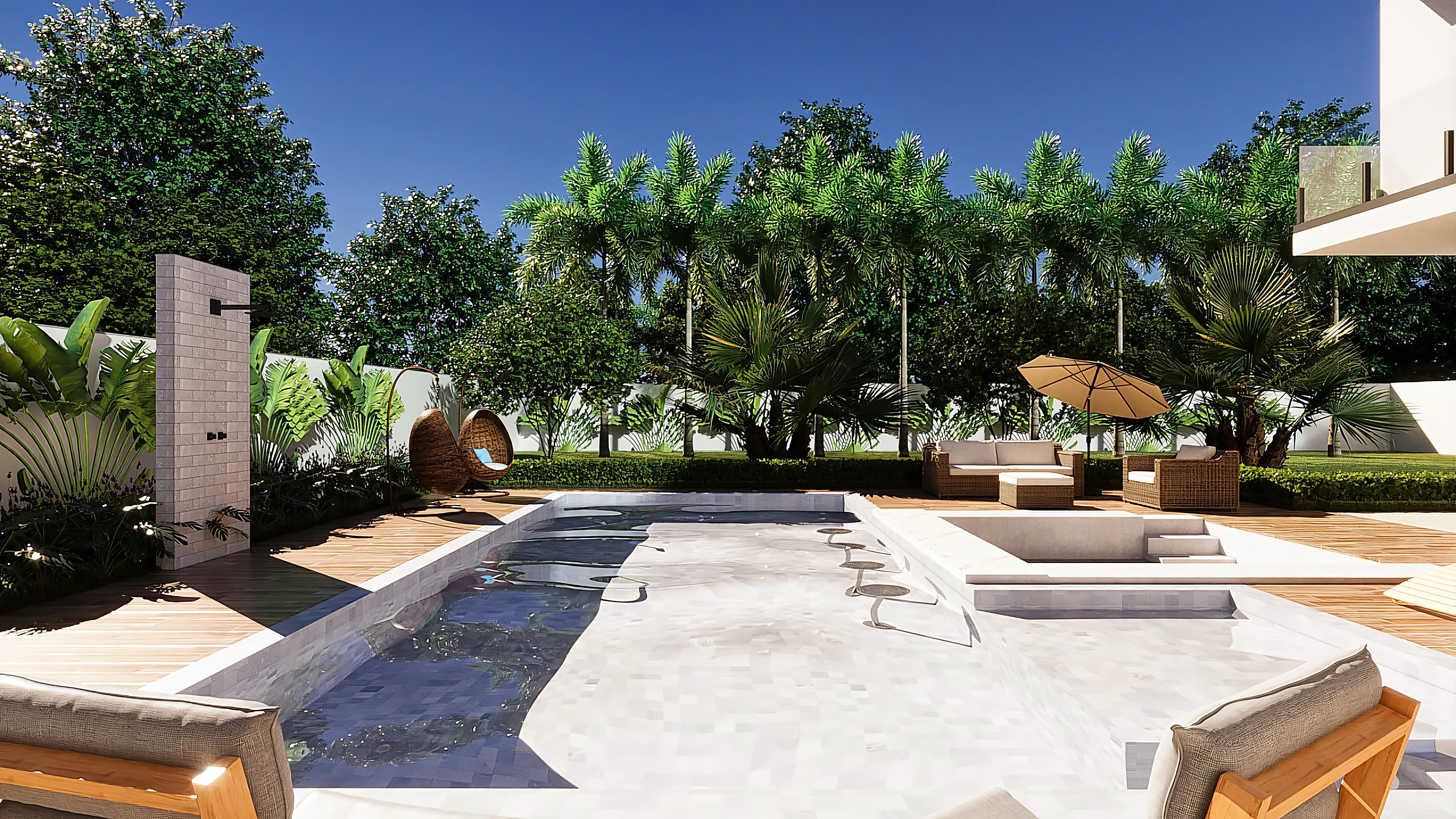 Área de lazer completa de sobrado neoclássico, com piscina, decks em madeira, área gourmet com churrasqueira e mobiliário externo confortável.