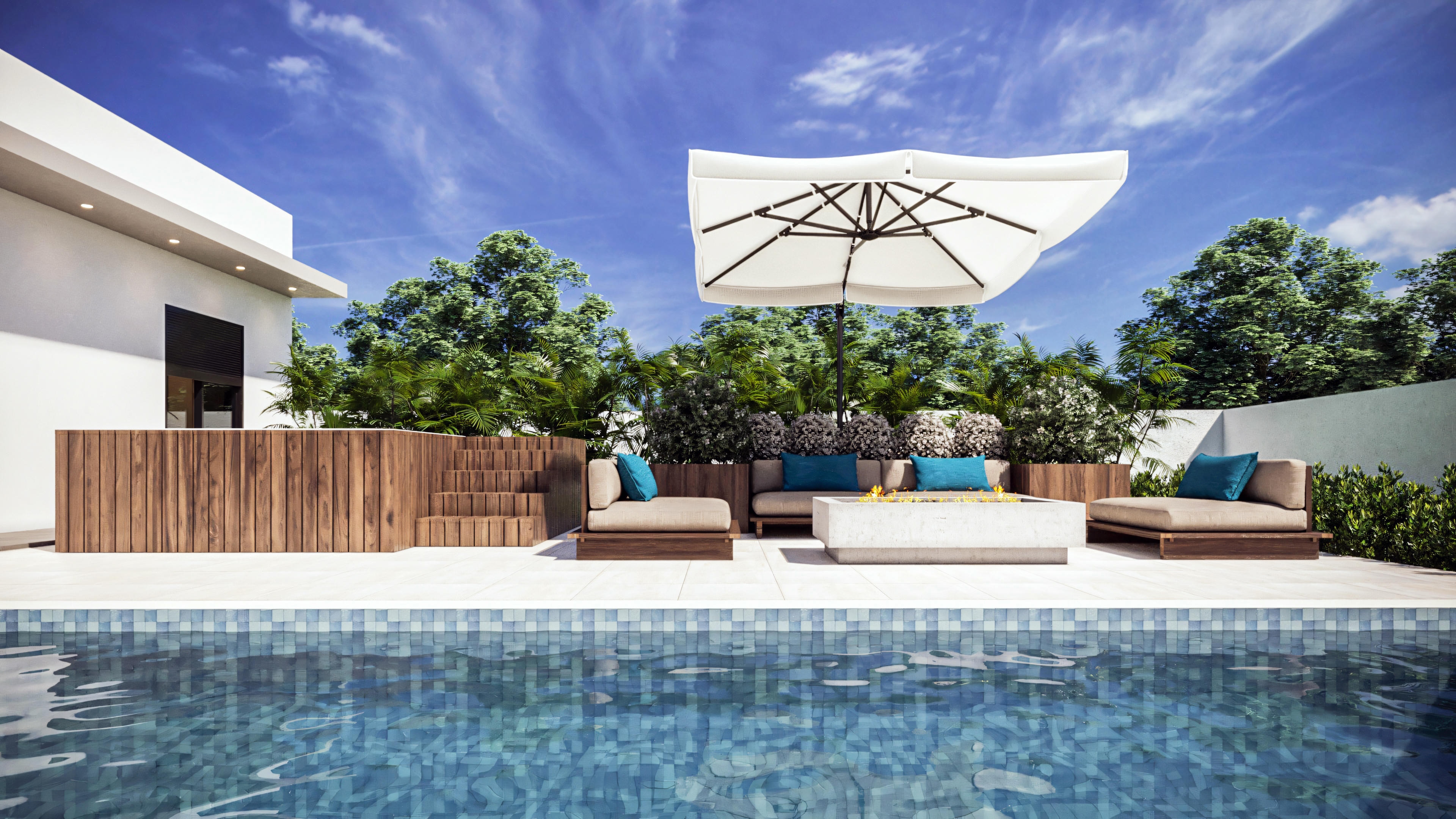 Vista de la piscina a la zona de ocio completa de casa de planta baja con 3 suites, incluyendo lounge con chimenea externa, sombrilla, jacuzzi con terraza de madera y paisajismo.