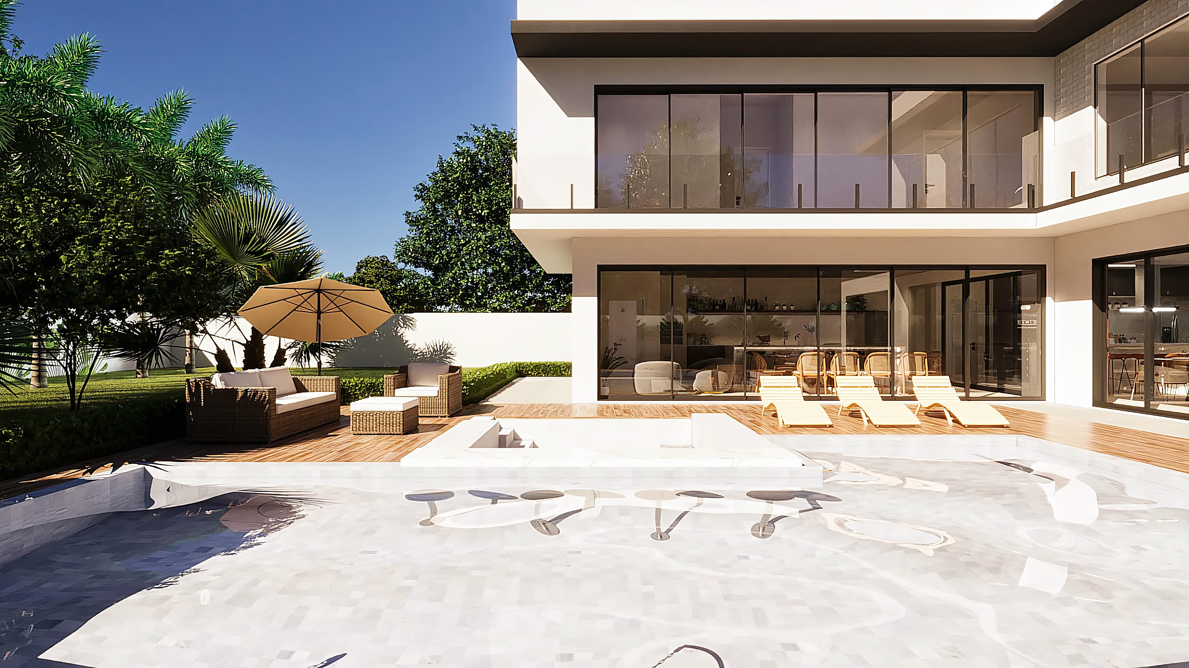 Fachada neoclásica de casa de dos plantas de alto estándar con 5 habitaciones, piscina y área gourmet integrada.